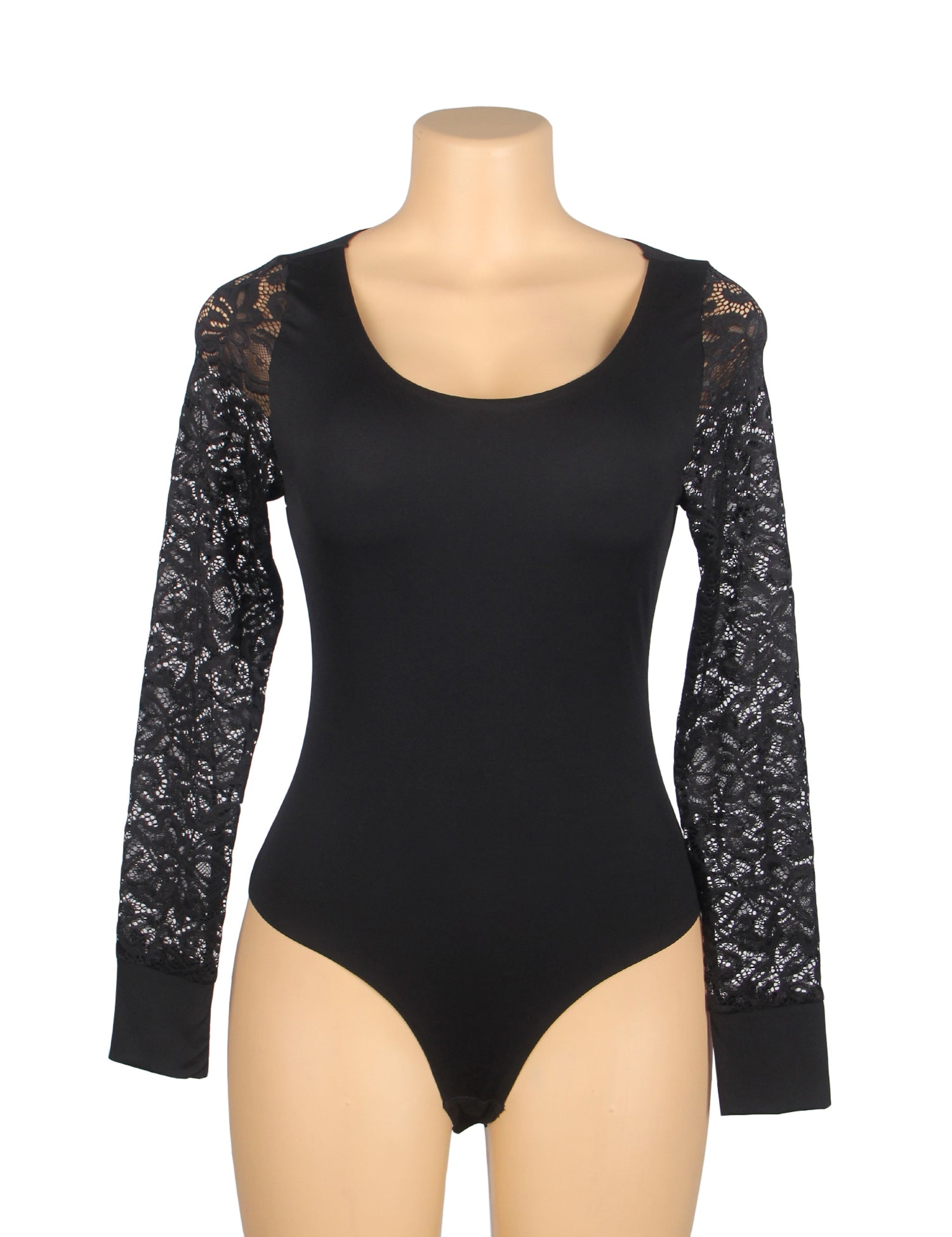 Black Sexy Swim Cloth Lace Sleeves Round Neck Open Crotch Bodysuit