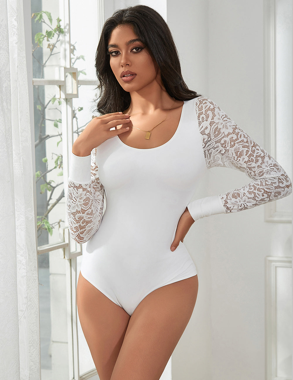White Sexy Swim Cloth Lace Sleeves Round Neck Open Crotch Bodysuit