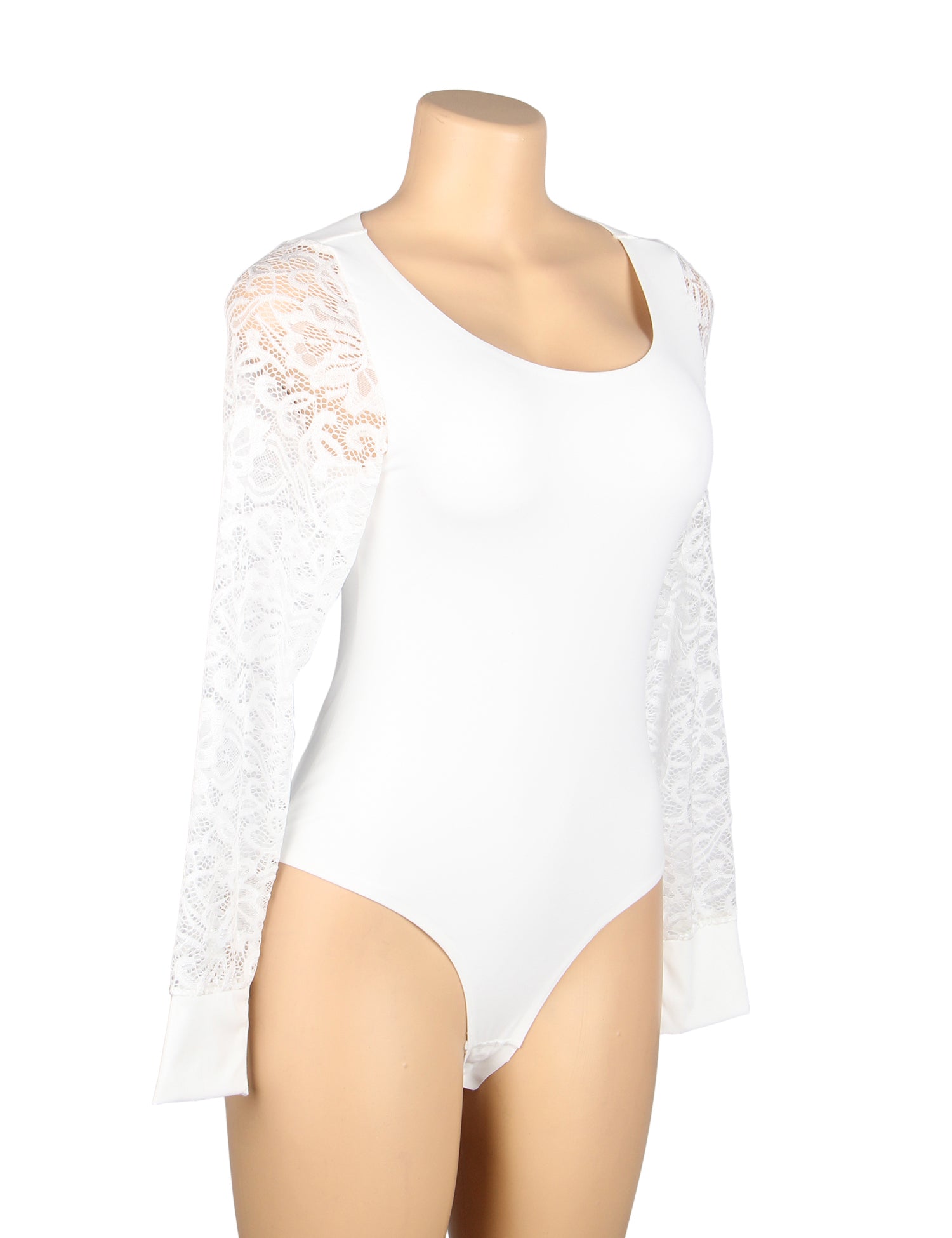 White Sexy Swim Cloth Lace Sleeves Round Neck Open Crotch Bodysuit