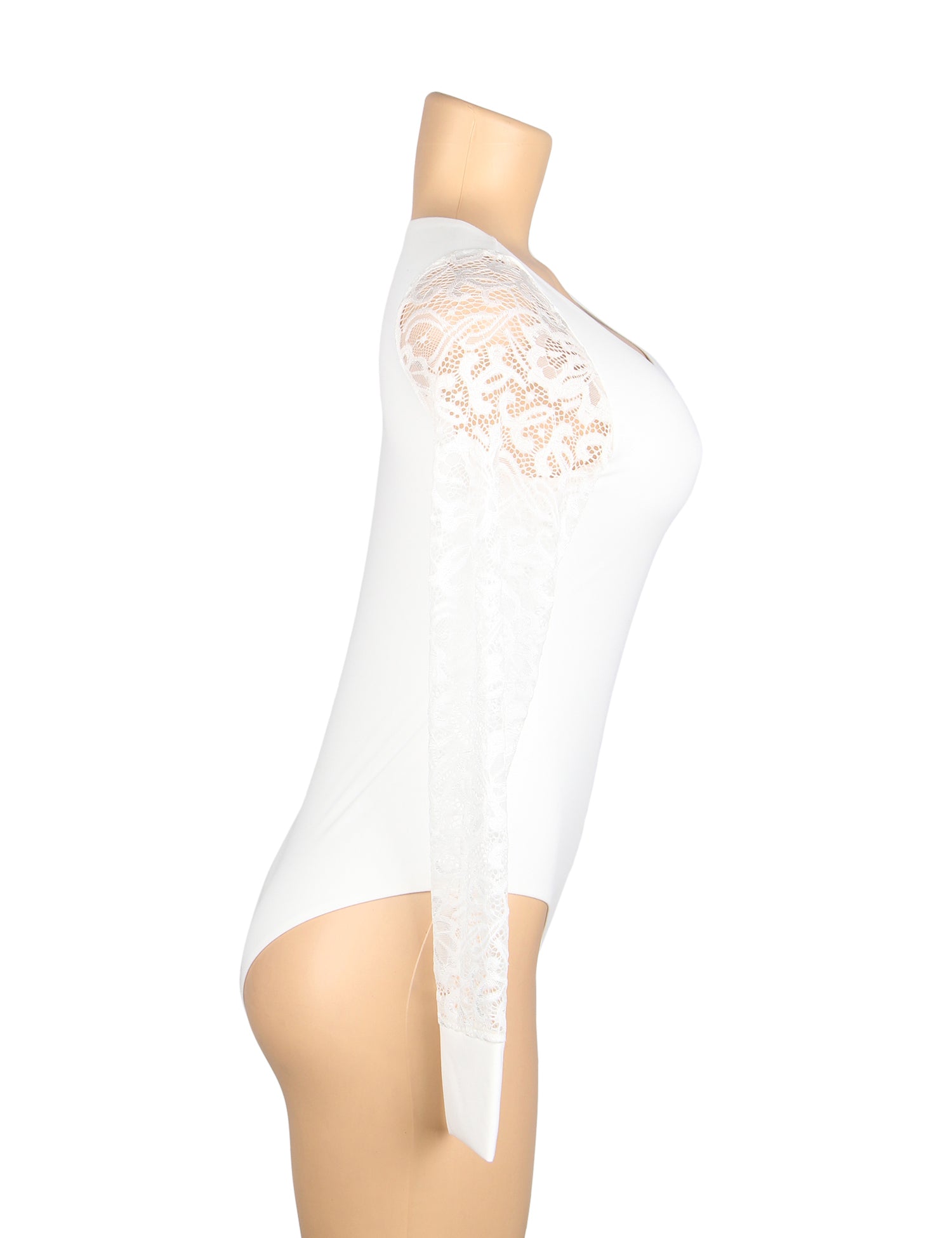 White Sexy Swim Cloth Lace Sleeves Round Neck Open Crotch Bodysuit