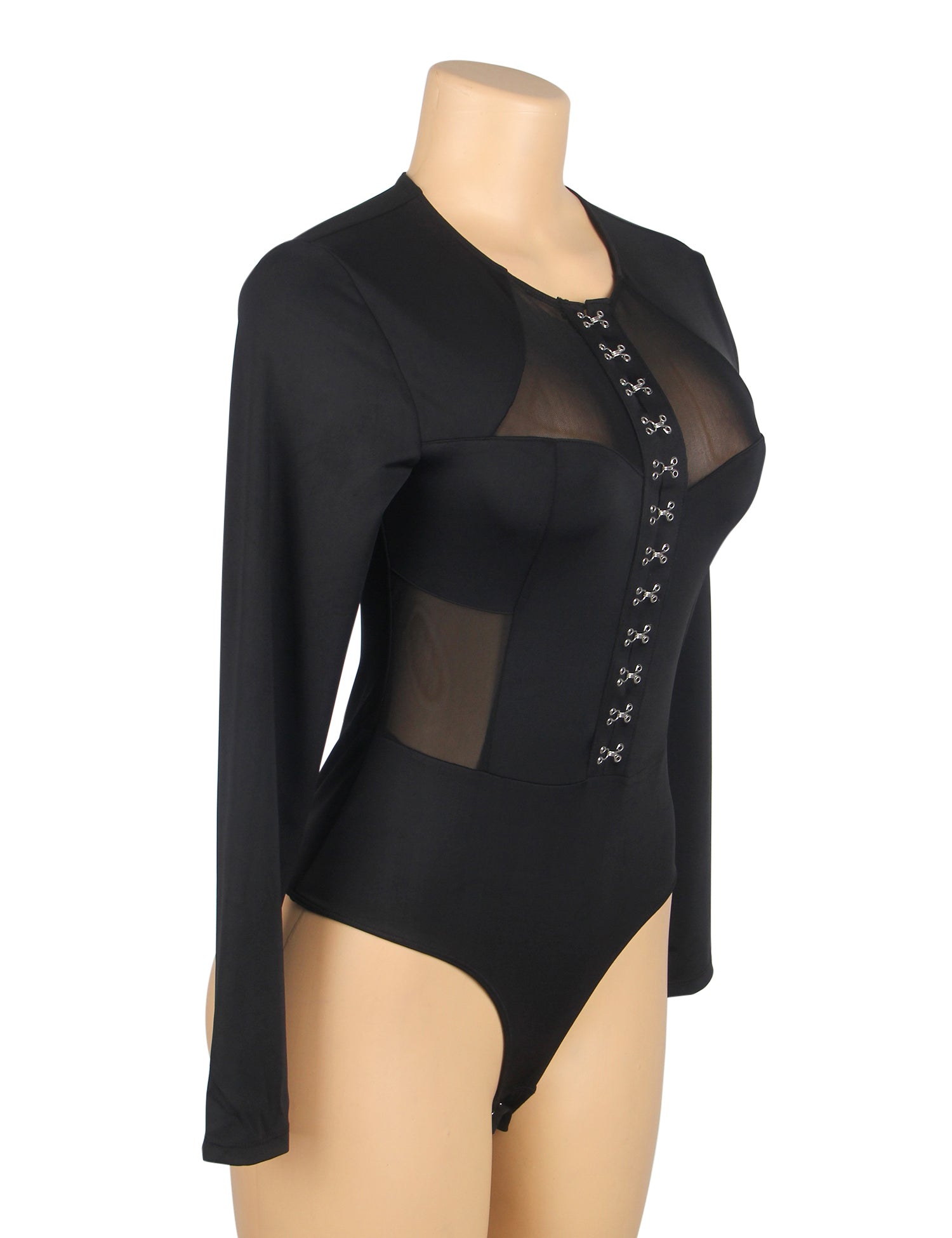 Black Sexy Swim Cloth And Mesh Long Sleeves Open Crotch Bodysuit