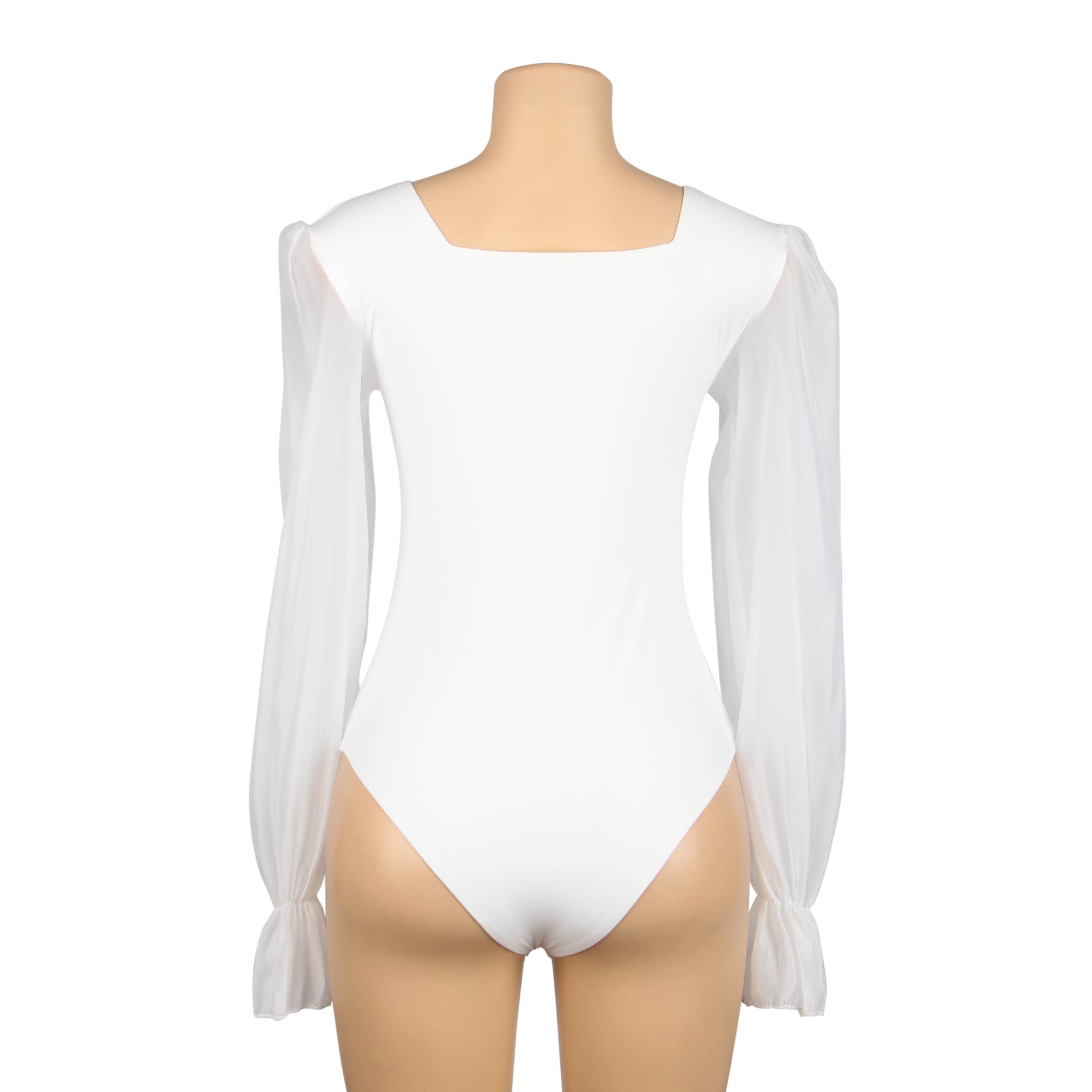 White Sexy Swim Cloth Chiffon Puff Sleeves Square Neck Open Crotch Bodysuit