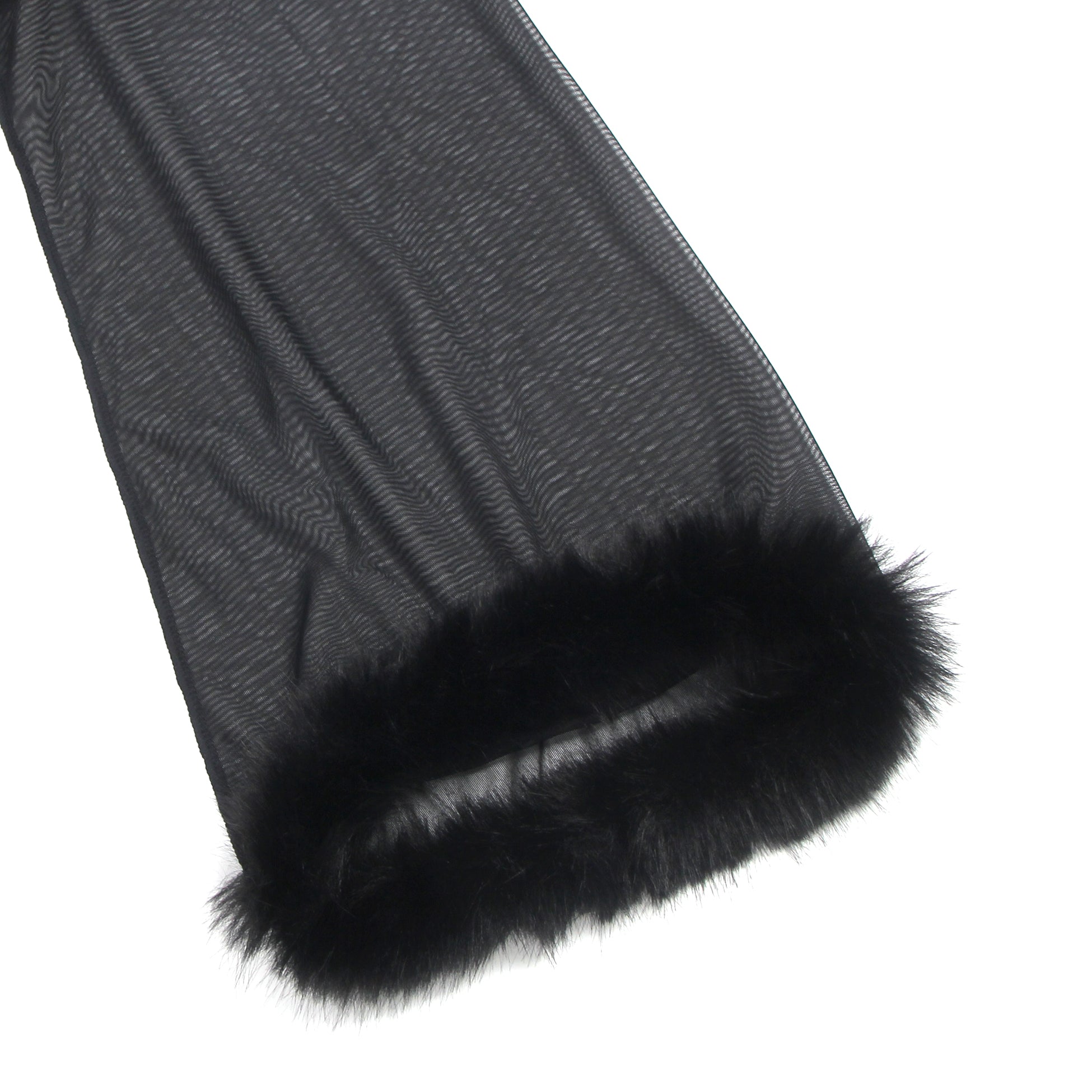 Black Sexy Mesh Imitation Mink Fur Trim Long Robe With Belt