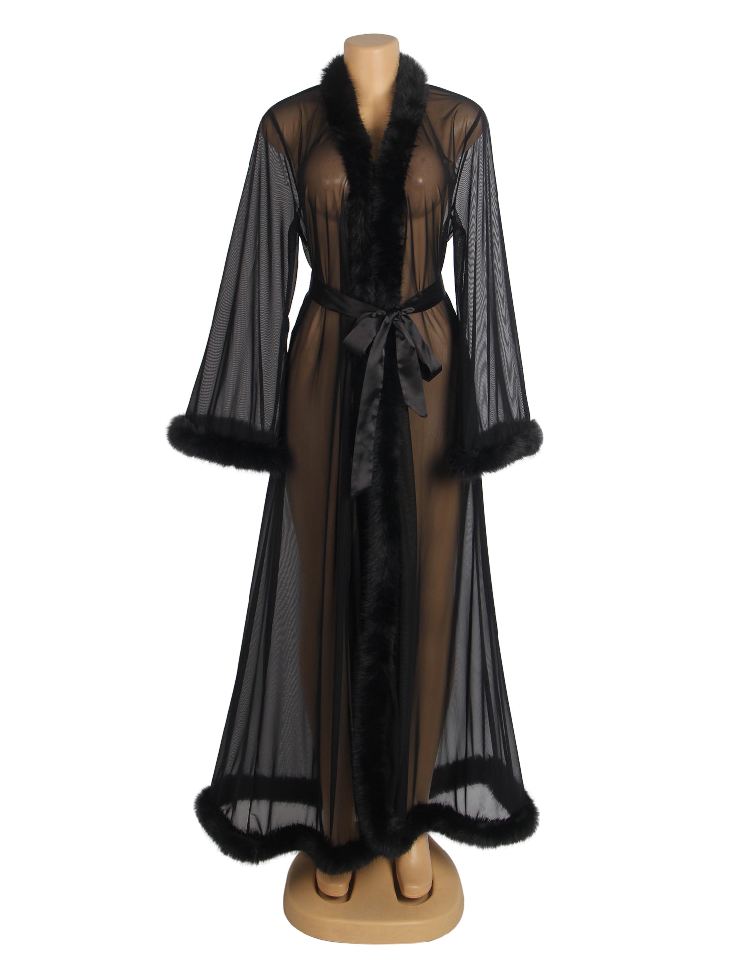 Black Sexy Mesh Imitation Mink Fur Trim Long Robe With Belt