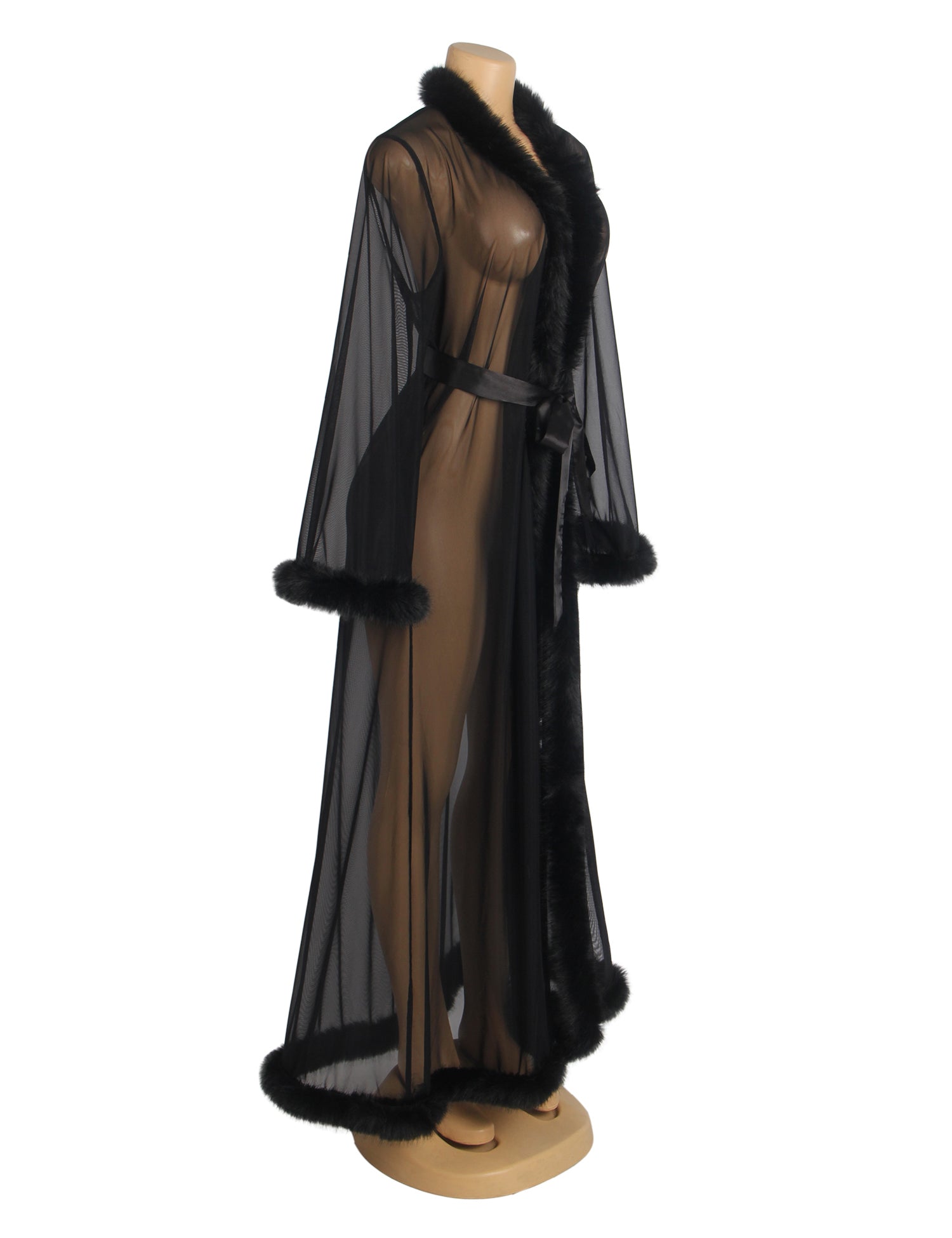 Black Sexy Mesh Imitation Mink Fur Trim Long Robe With Belt