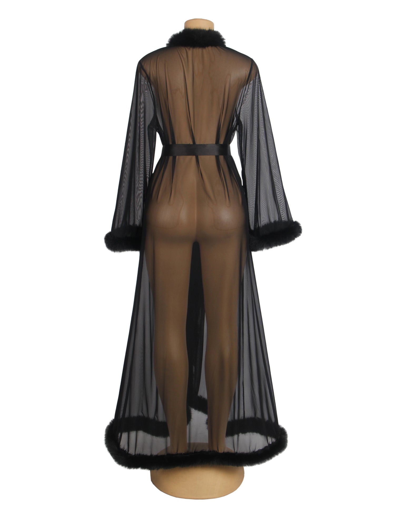 Black Sexy Mesh Imitation Mink Fur Trim Long Robe With Belt
