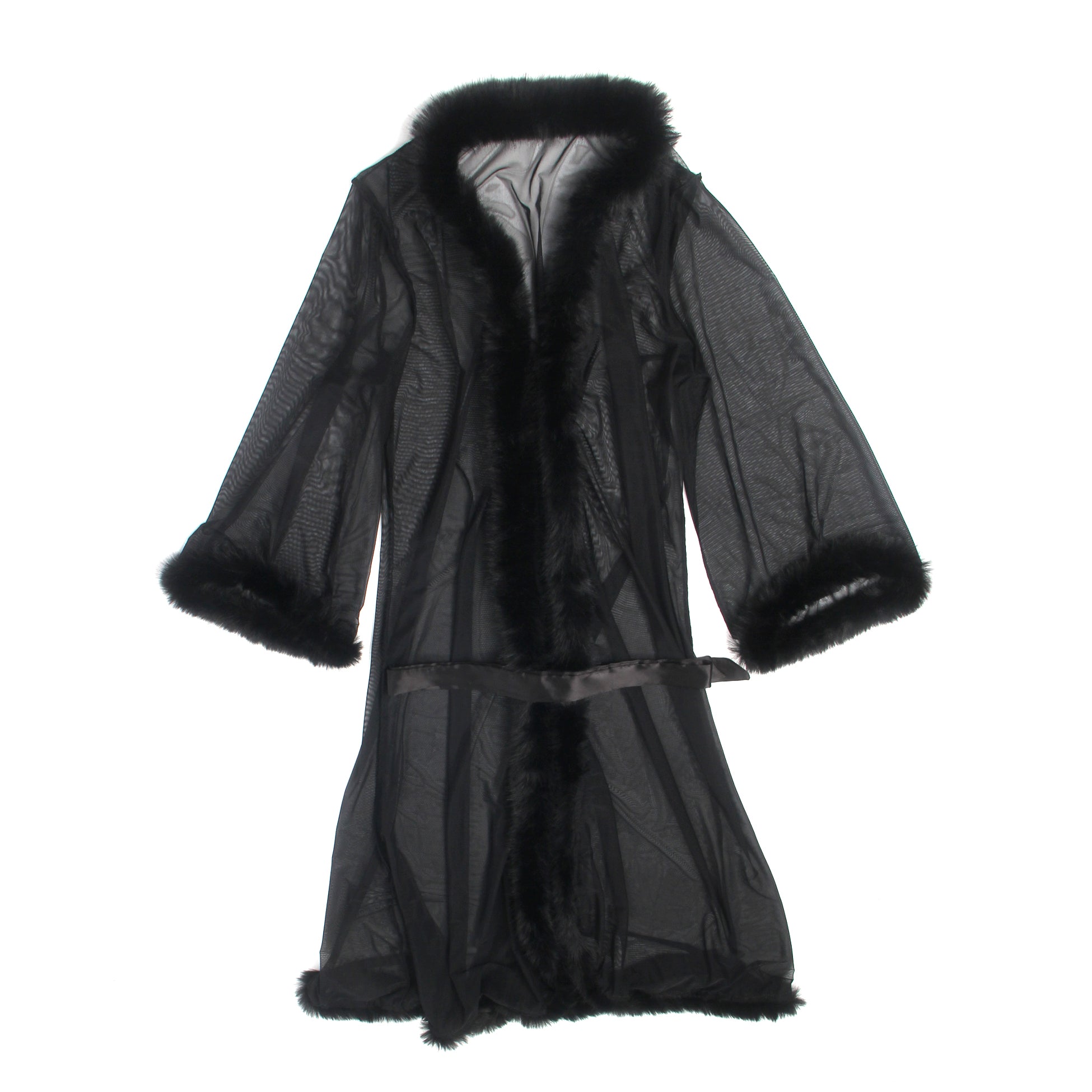 Black Sexy Mesh Imitation Mink Fur Trim Long Robe With Belt