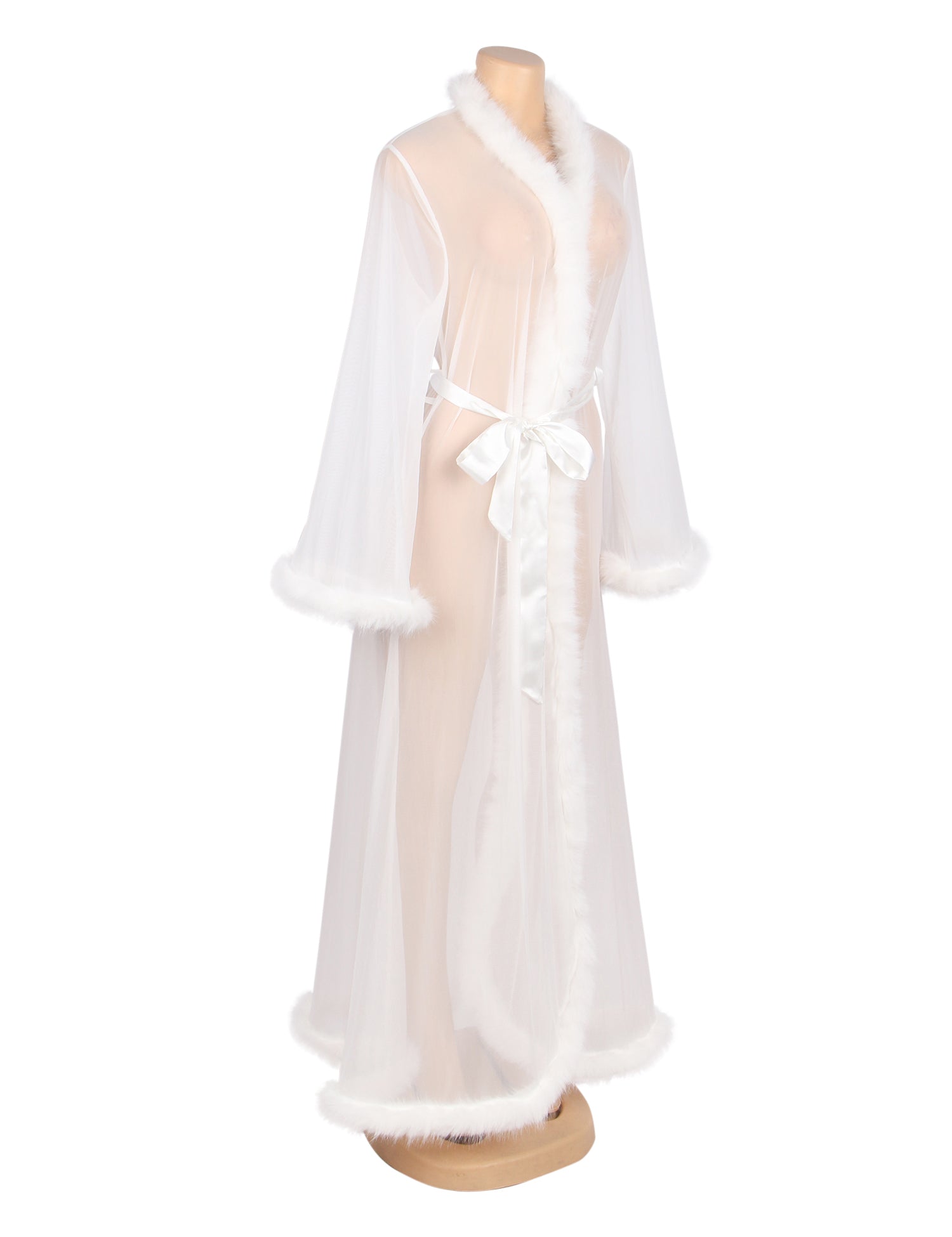 White Sexy Mesh Imitation Mink Fur Trim Long Robe With Belt