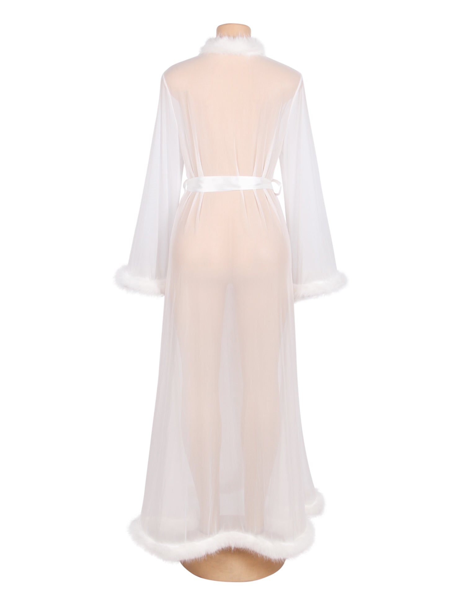 White Sexy Mesh Imitation Mink Fur Trim Long Robe With Belt