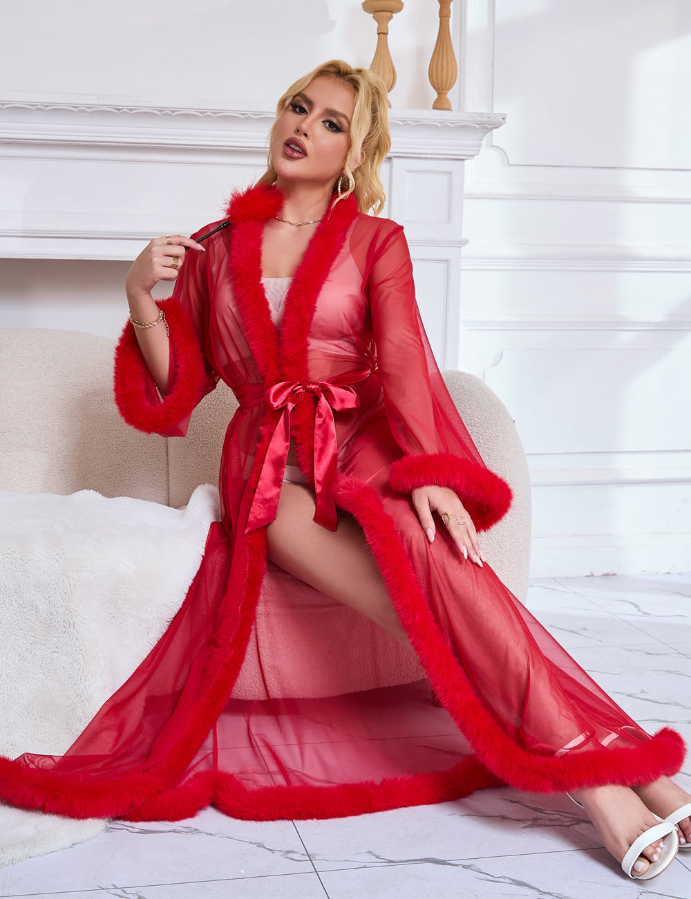 Red Sexy Mesh Imitation Mink Fur Trim Long Robe With Belt
