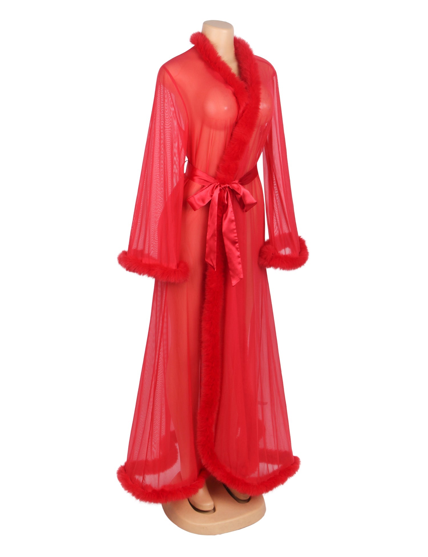 Red Sexy Mesh Imitation Mink Fur Trim Long Robe With Belt