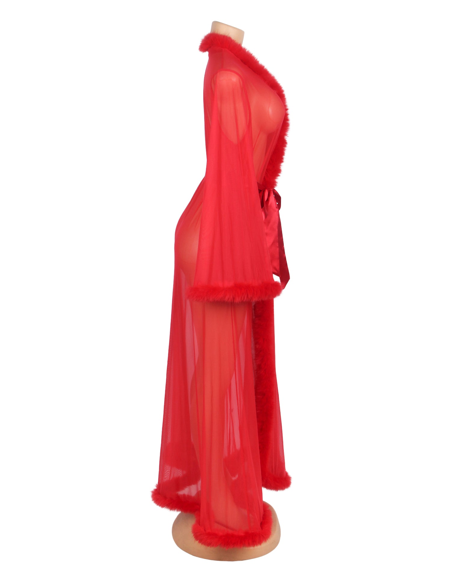 Red Sexy Mesh Imitation Mink Fur Trim Long Robe With Belt