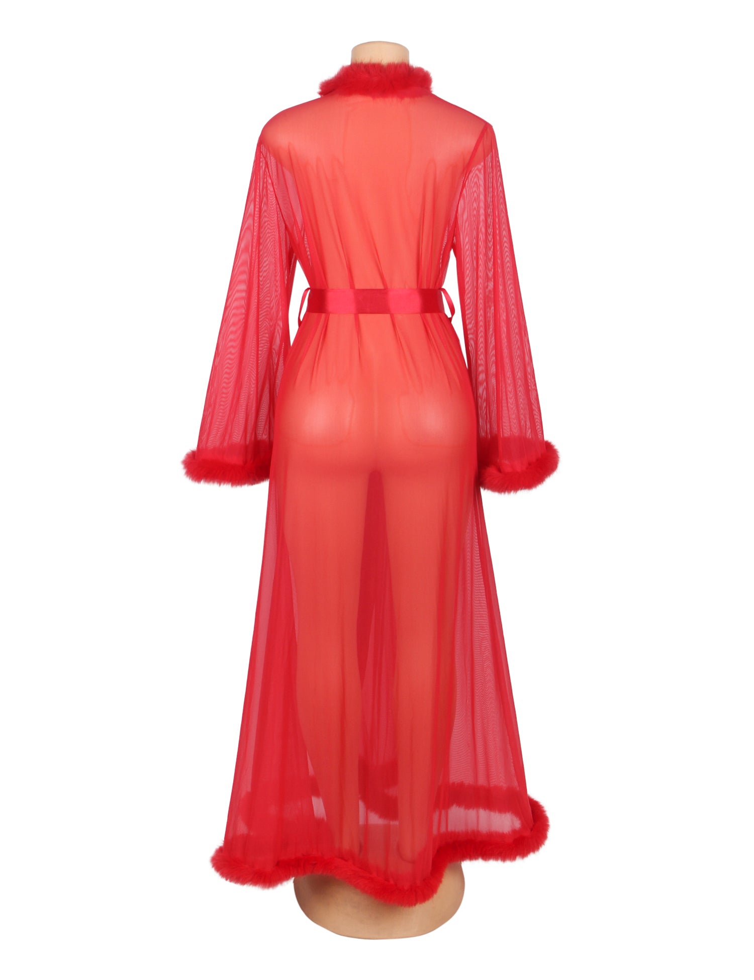 Red Sexy Mesh Imitation Mink Fur Trim Long Robe With Belt