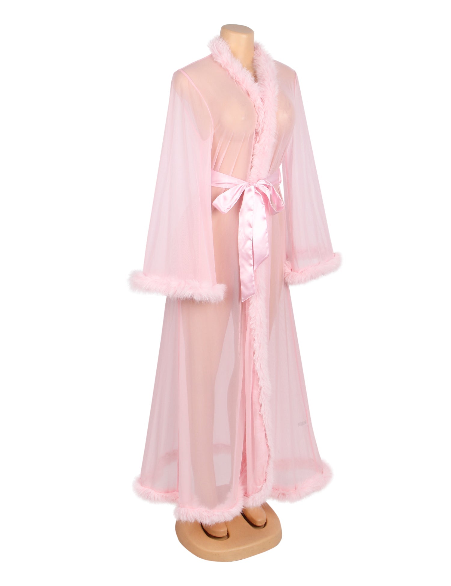 Pink Sexy Mesh Imitation Mink Fur Trim Long Robe With Belt