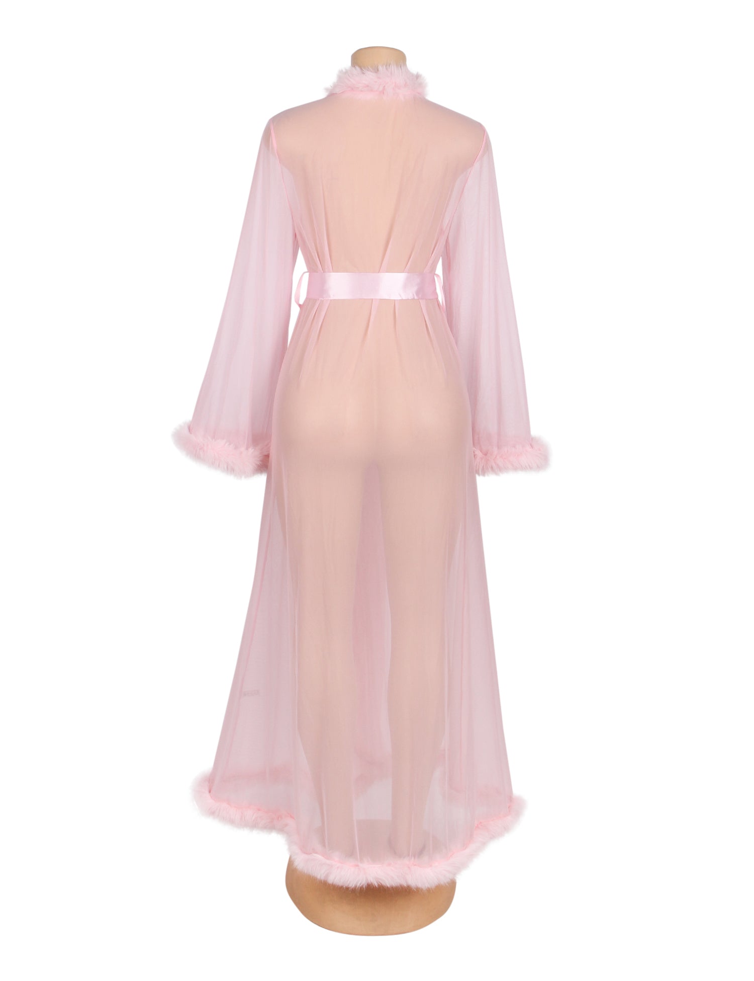 Pink Sexy Mesh Imitation Mink Fur Trim Long Robe With Belt