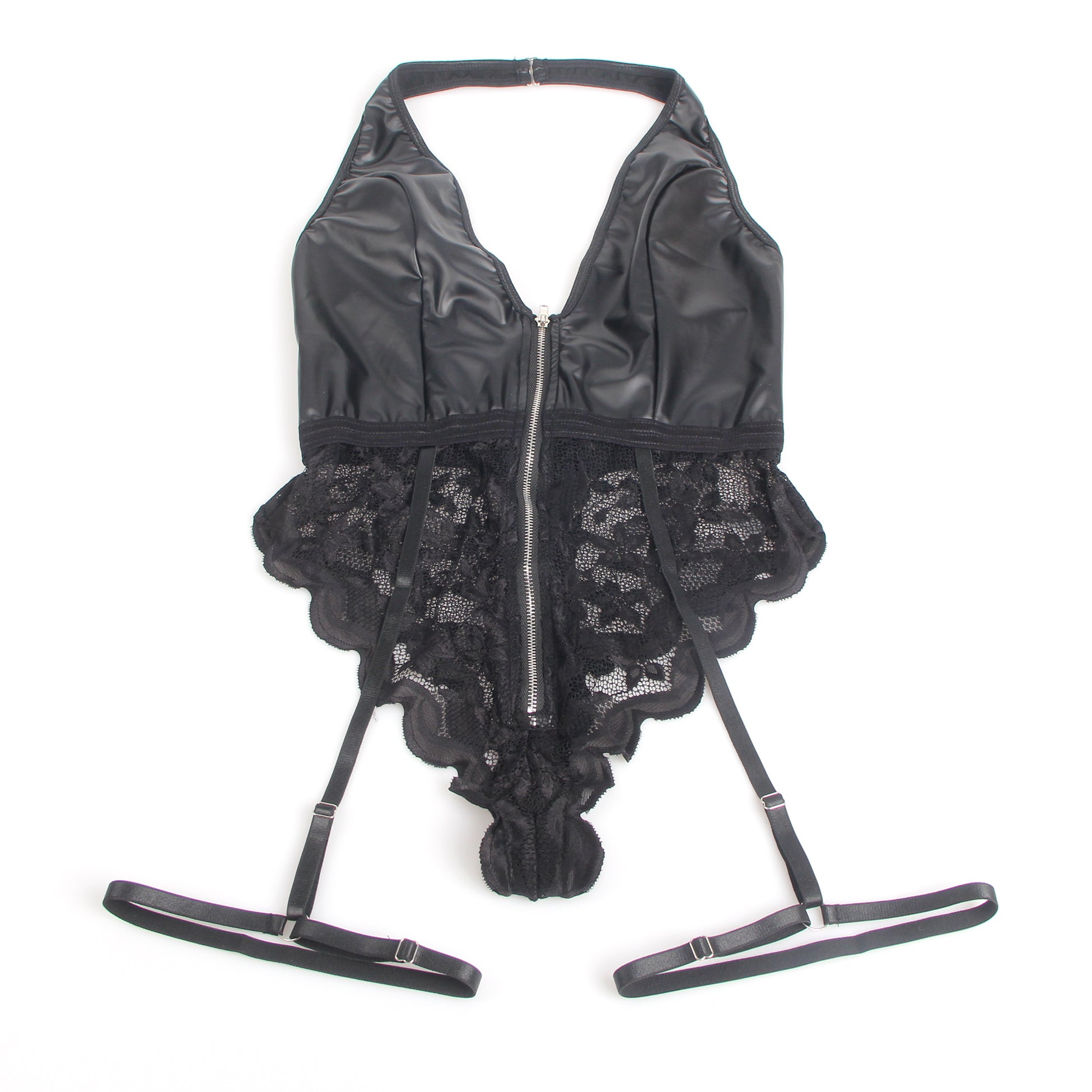 Black Sexy PU Leather Lace Zippered Halter Bodysuit
