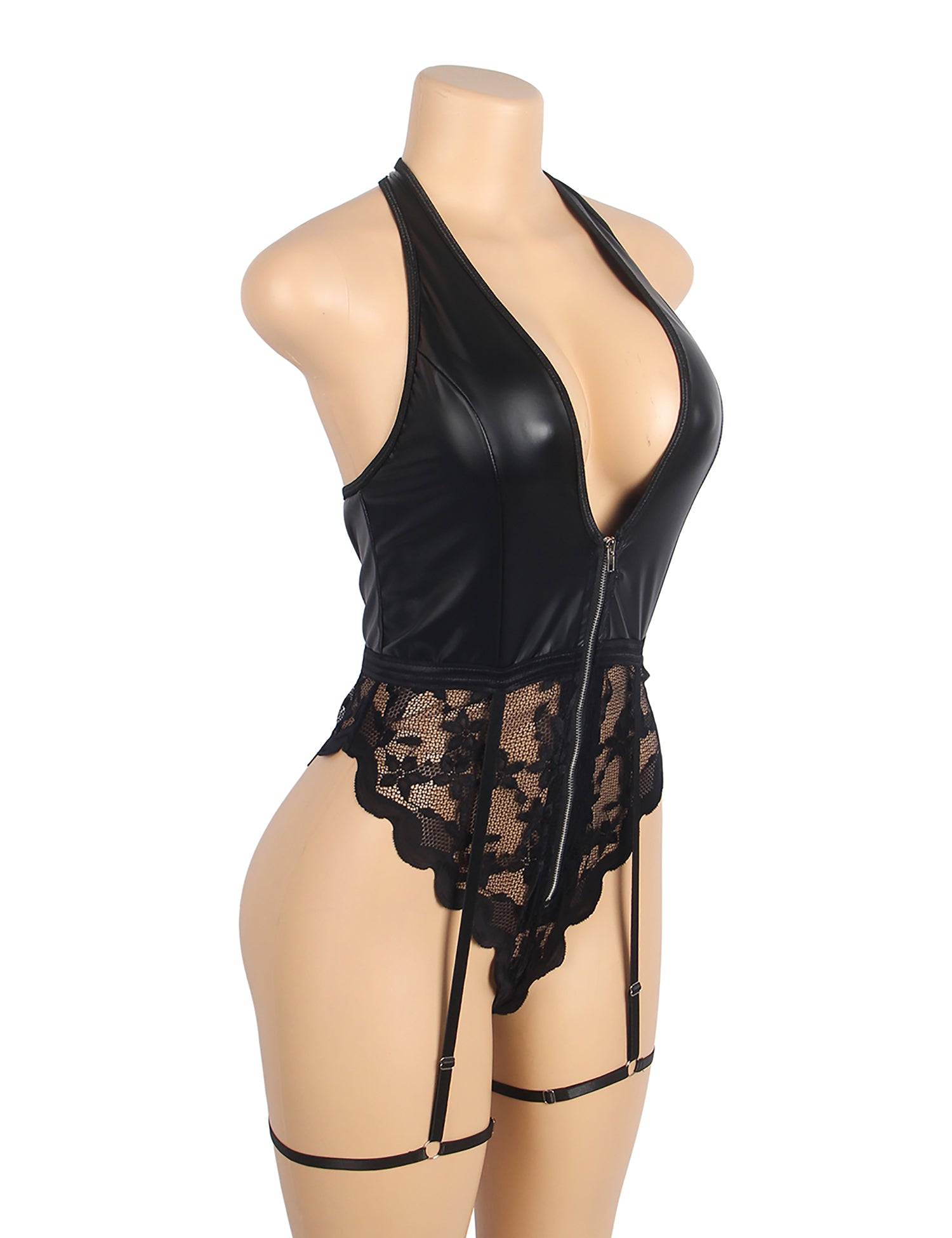 Black Sexy PU Leather Lace Zippered Halter Bodysuit