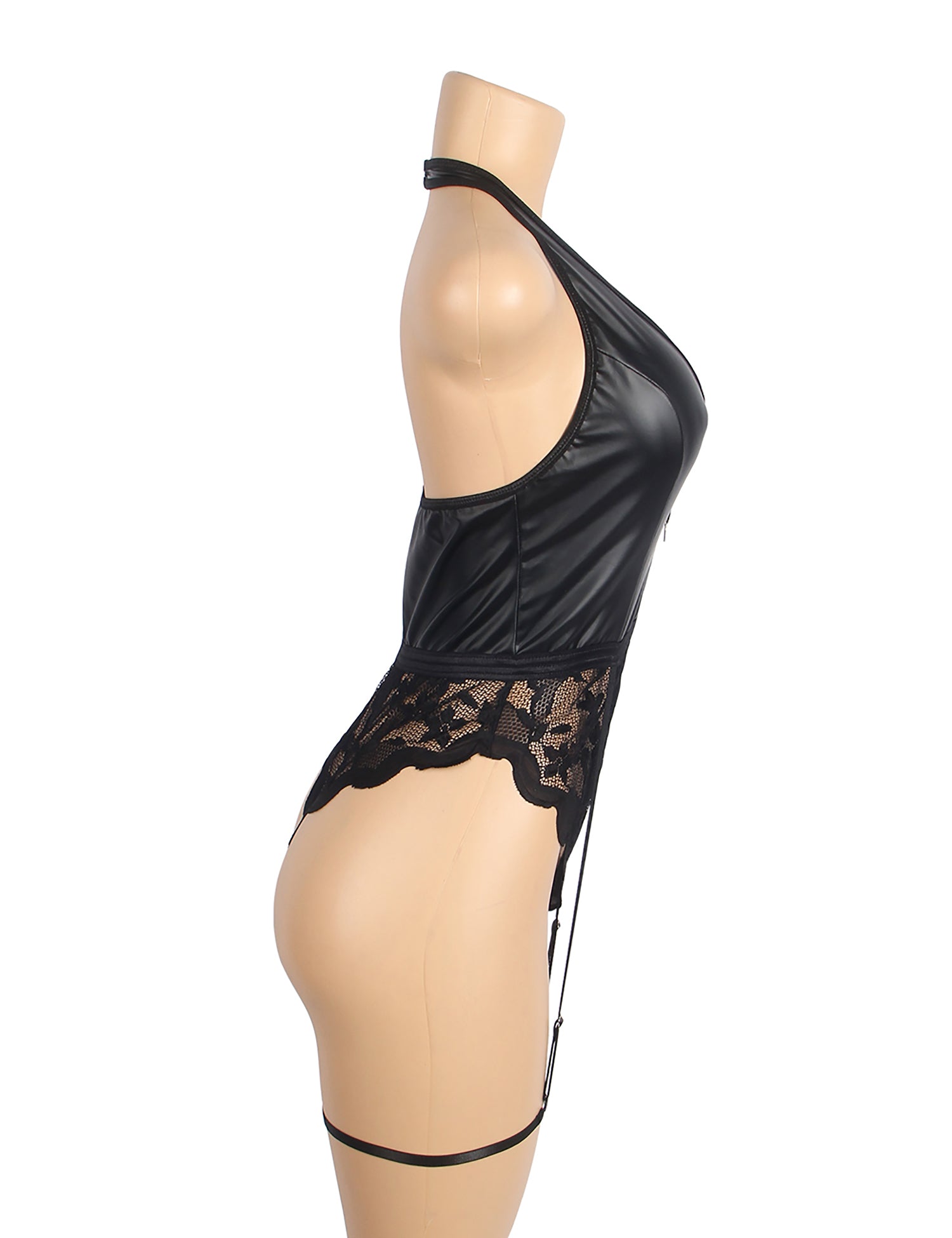 Black Sexy PU Leather Lace Zippered Halter Bodysuit