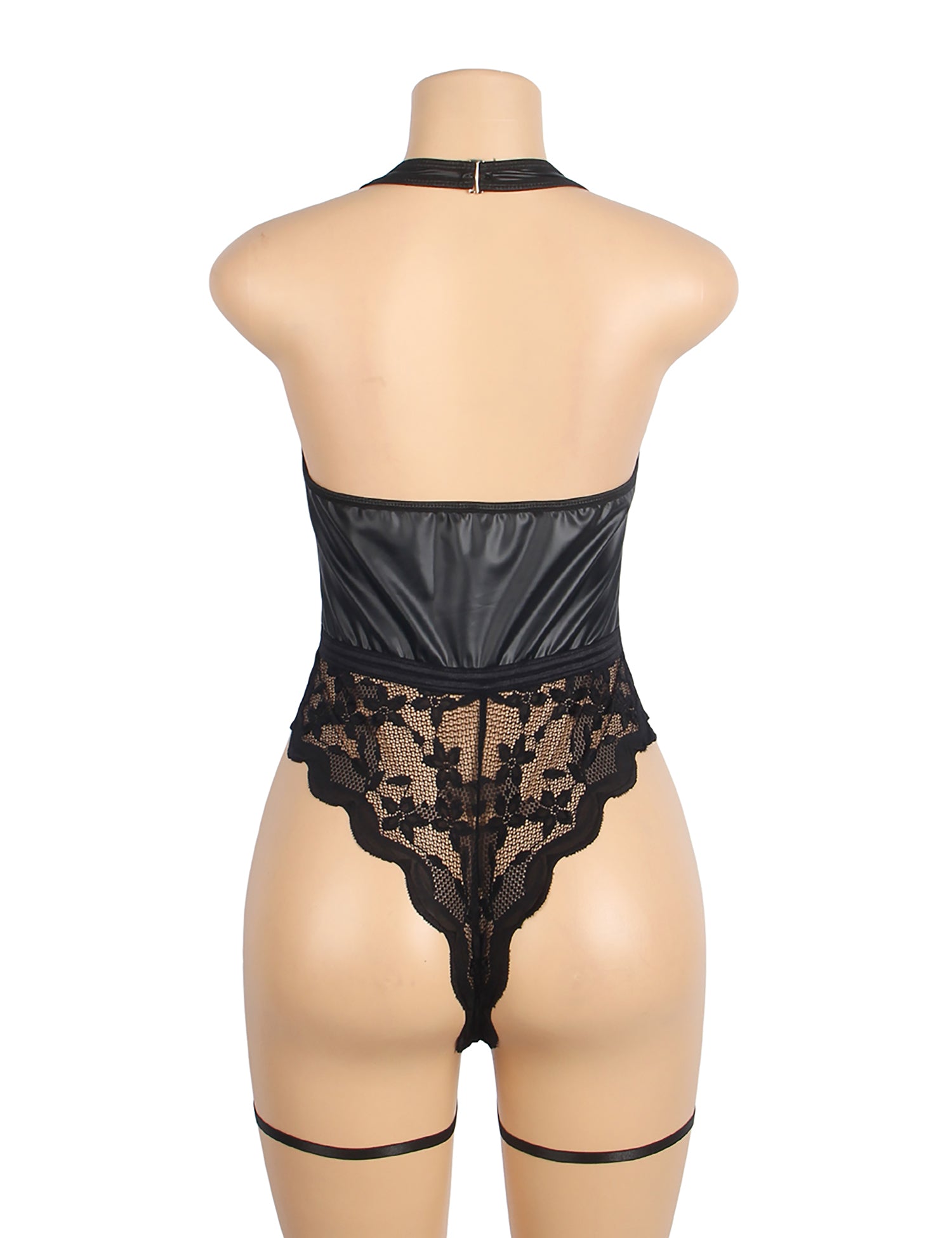 Black Sexy PU Leather Lace Zippered Halter Bodysuit