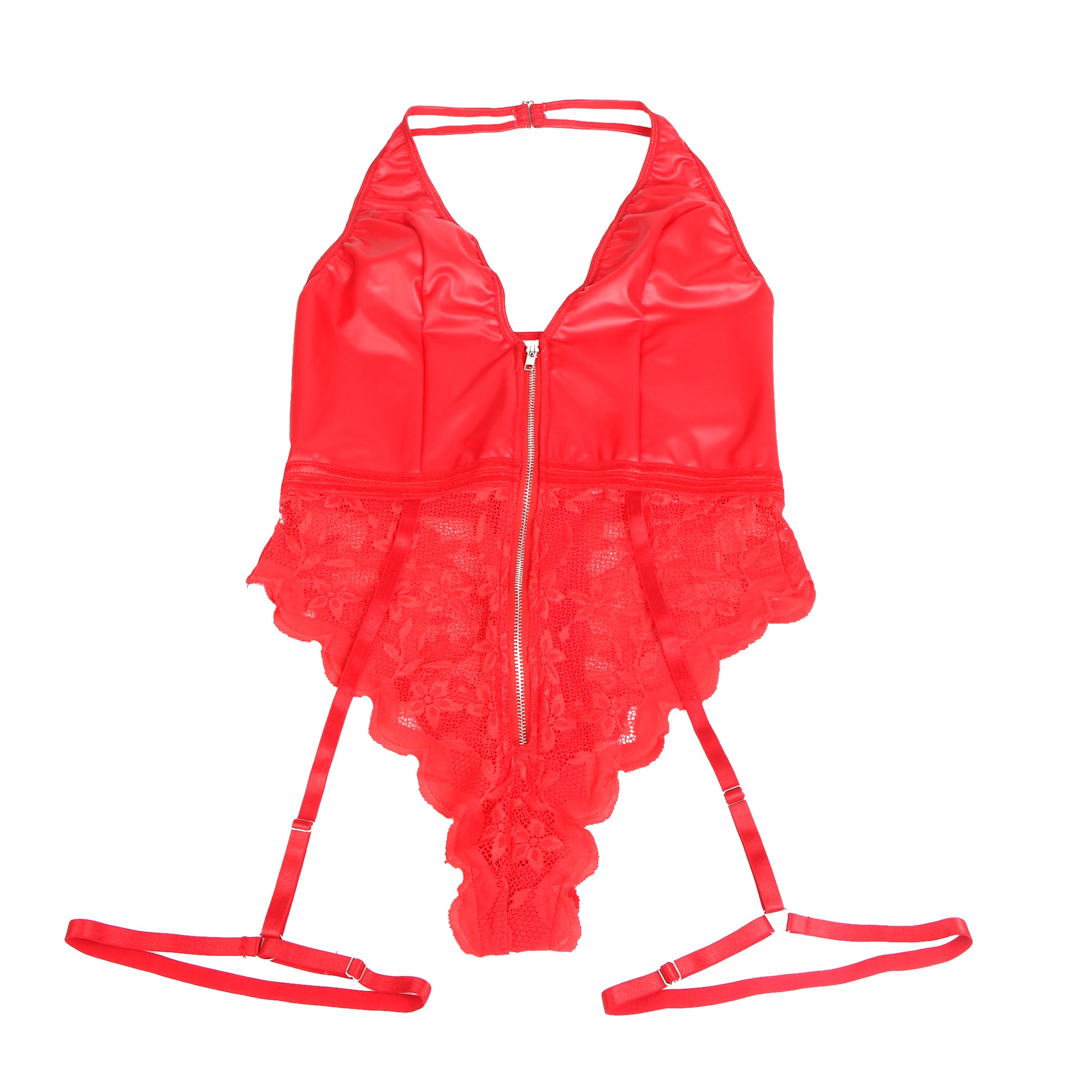 Red Sexy PU Leather Lace Zippered Halter Bodysuit