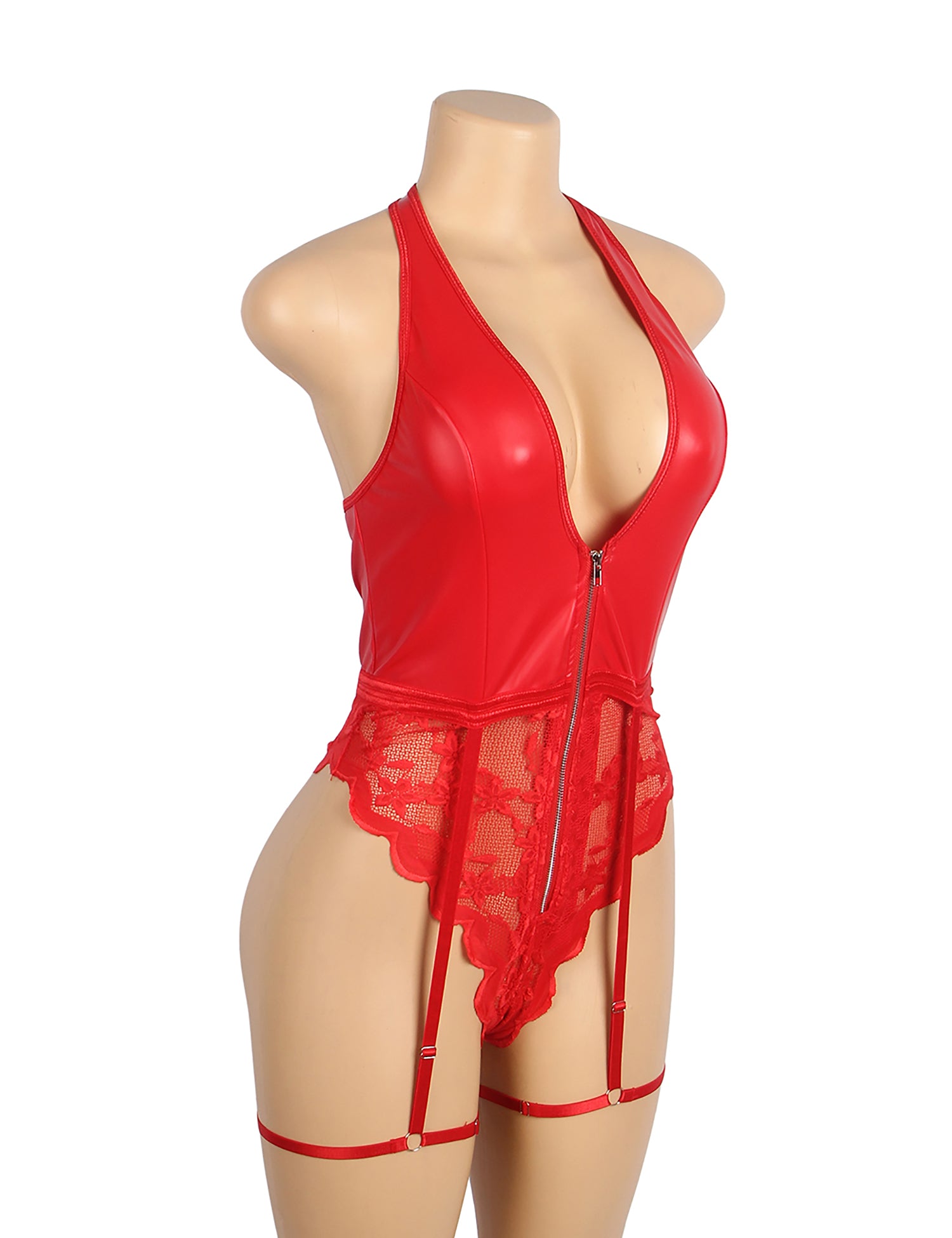 Red Sexy PU Leather Lace Zippered Halter Bodysuit