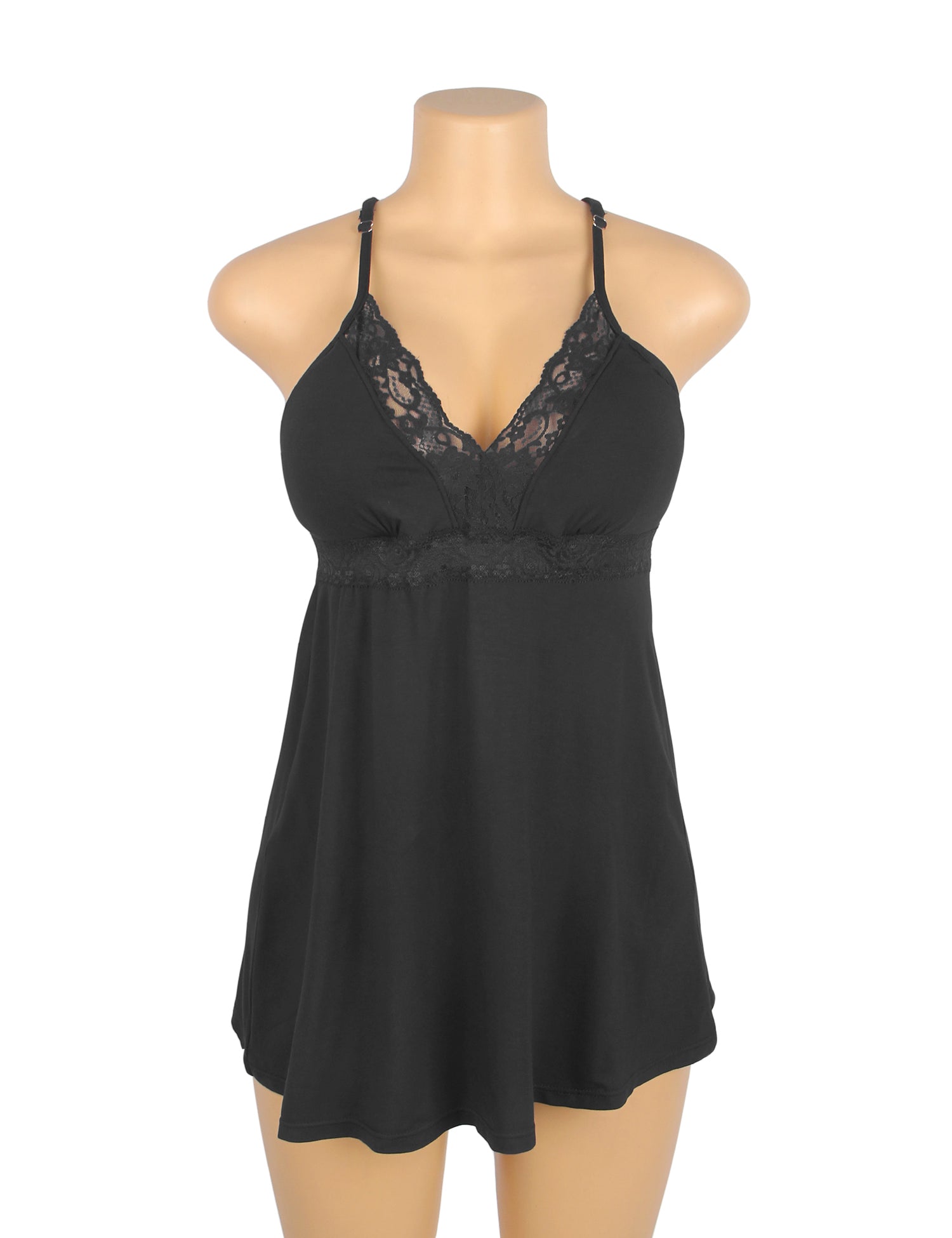 Black Sexy Modal Lace Deep V Neck Suspender Nightdress