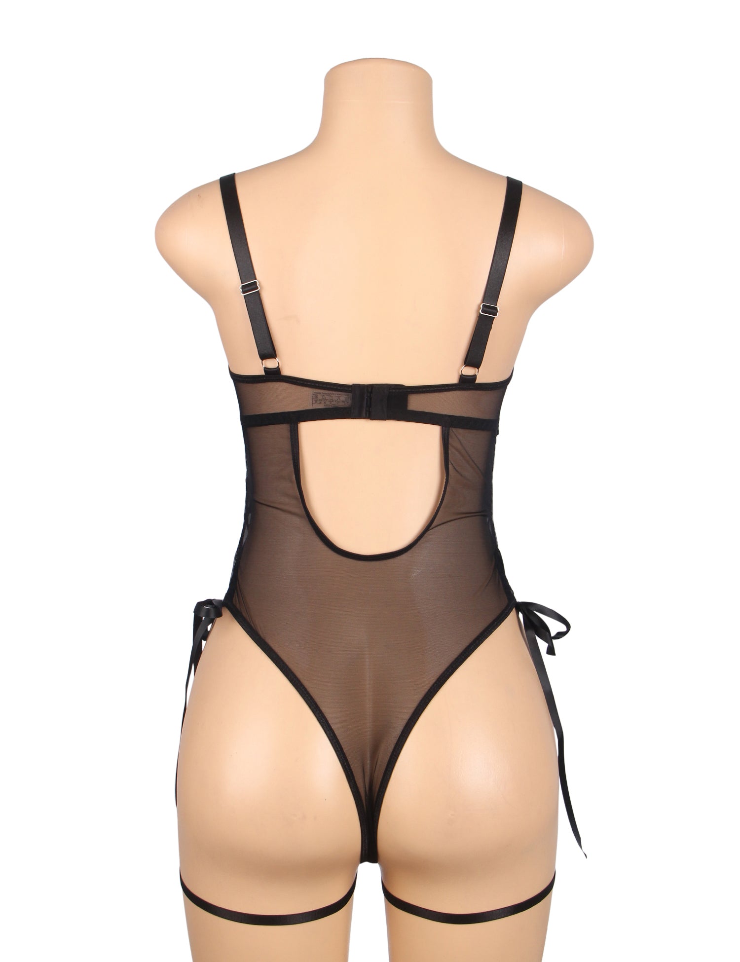 Black PU Leather Mesh Sexy Bodysuit With Hollow Waist