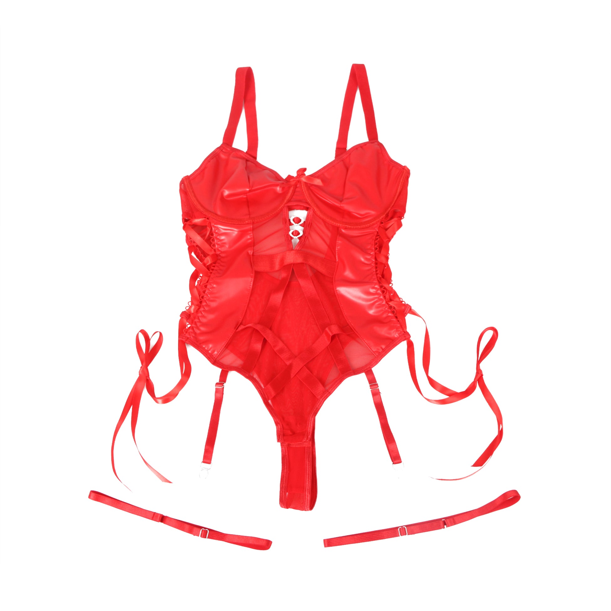 Red PU Leather Mesh Sexy Bodysuit With Hollow Waist