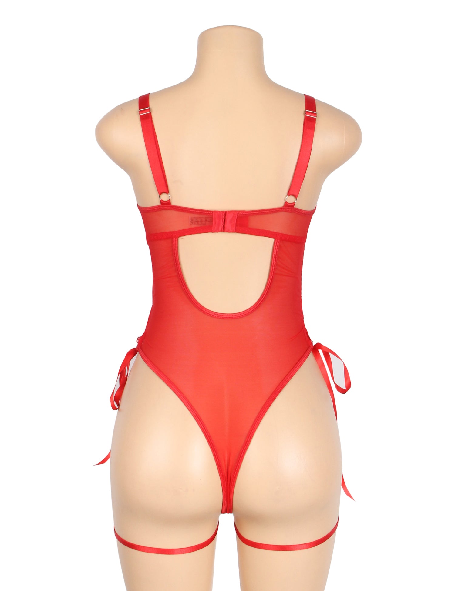 Red PU Leather Mesh Sexy Bodysuit With Hollow Waist