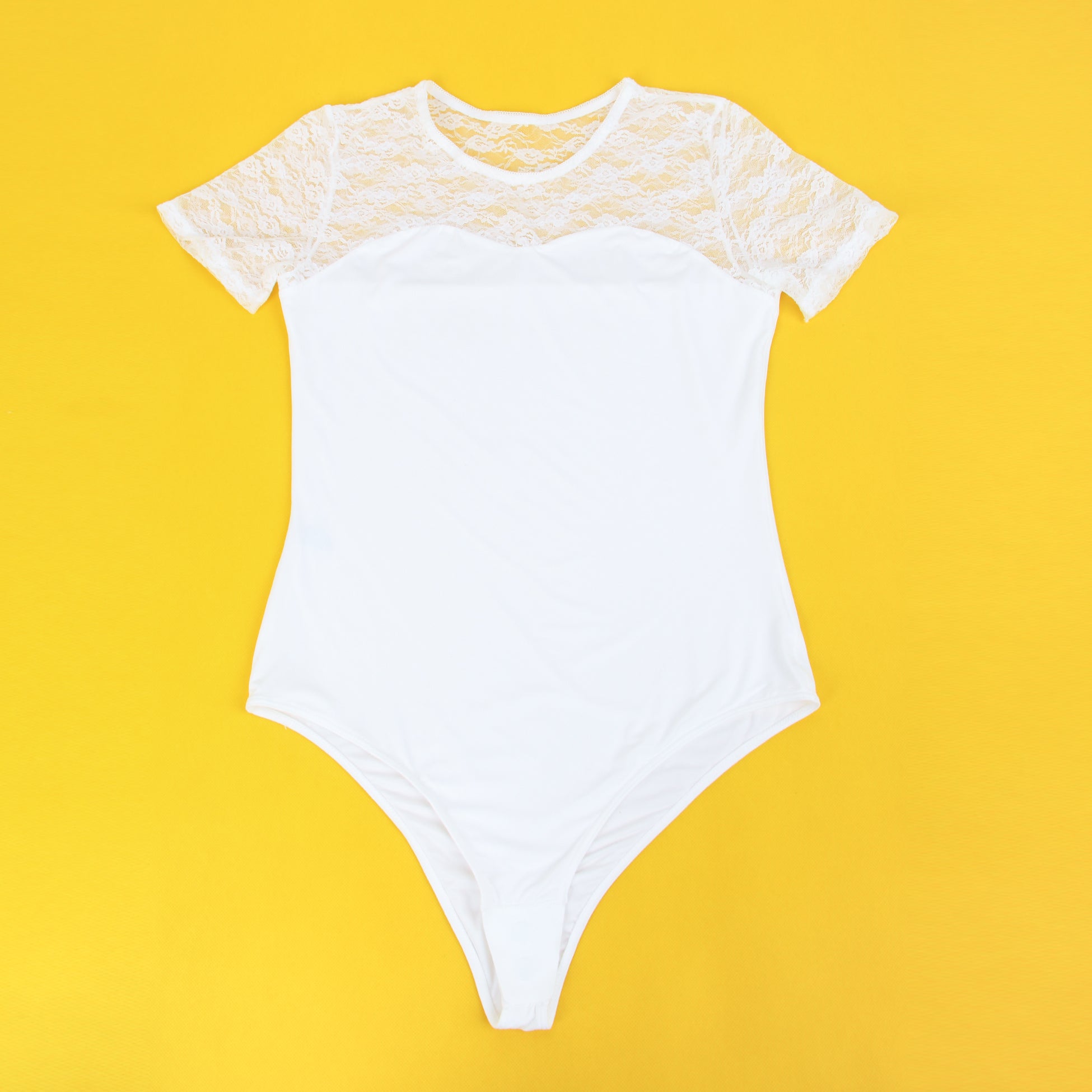 White Sexy Swim Cloth Lace Short Sleeves Open Crotch Bodysuit