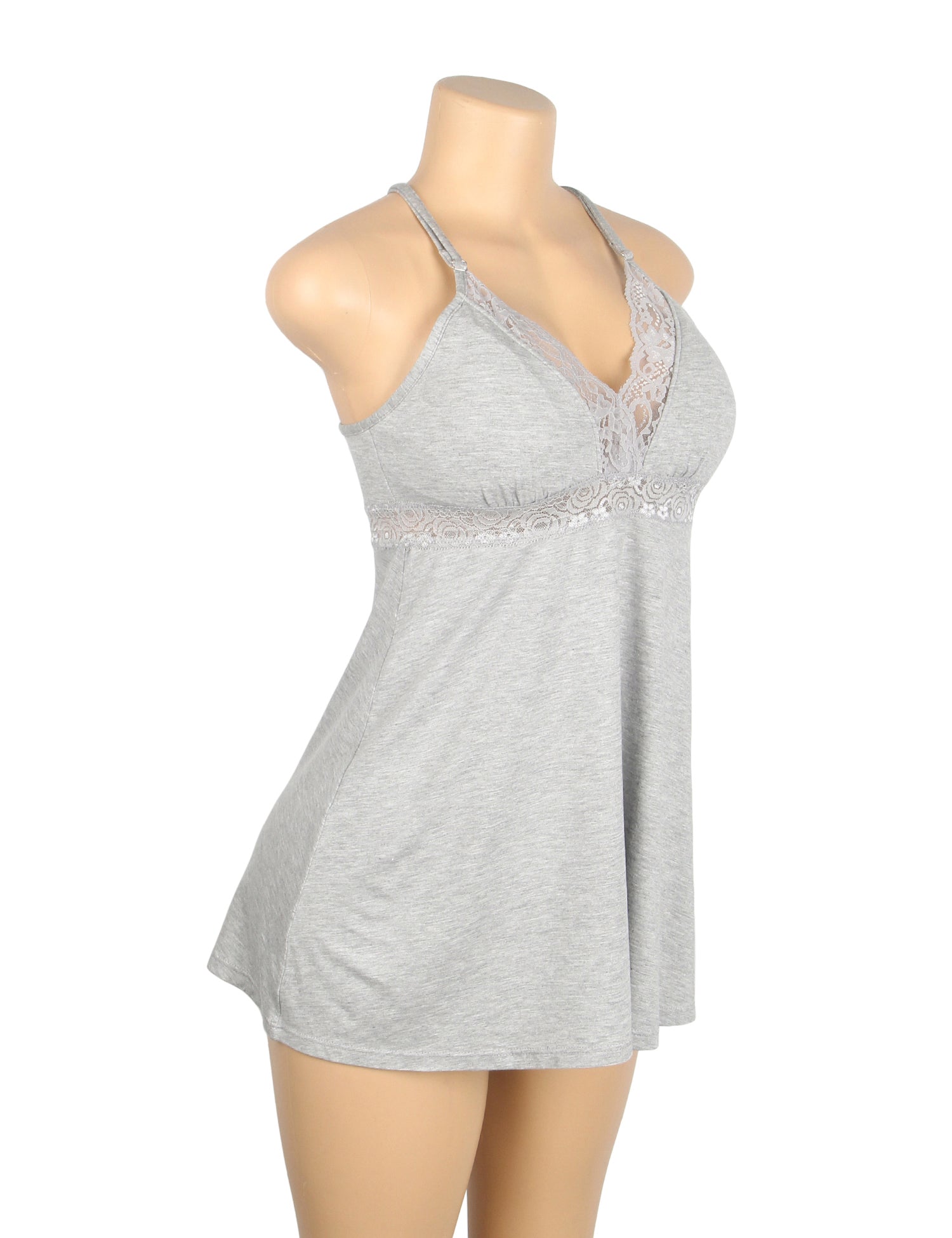 Gray Sexy Modal Lace Deep V Neck Suspender Nightdress