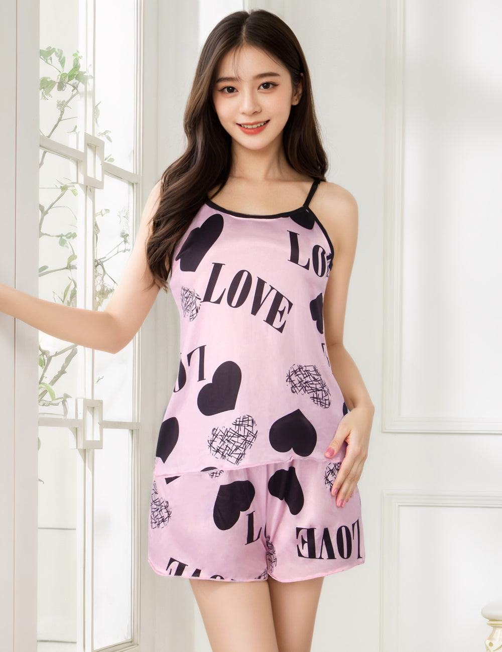 Pink Print Suspender Home Wear Pajama Set