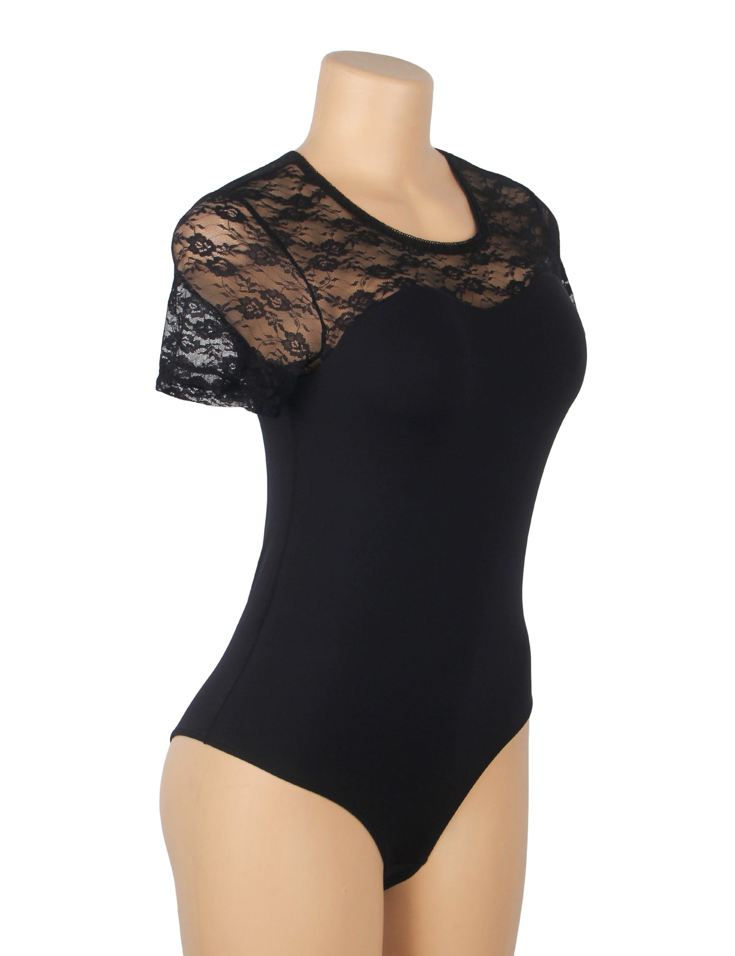 Black Sexy Swim Cloth Lace Short Sleeves Open Crotch Bodysuit