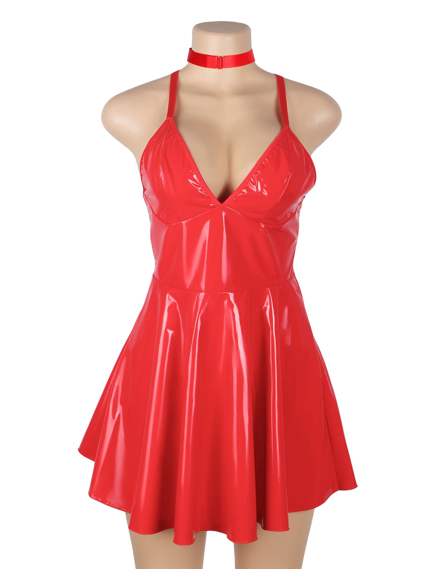 Red Sexy Deep V-Neck Wet Look Faux Leather Suspender Nightdress