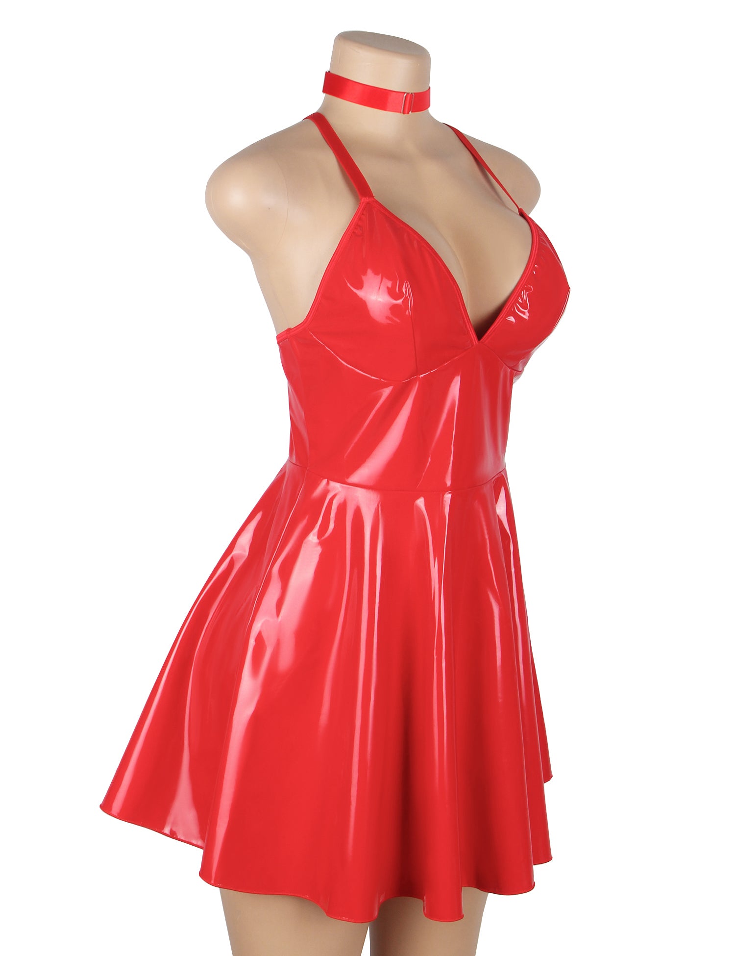 Red Sexy Deep V-Neck Wet Look Faux Leather Suspender Nightdress
