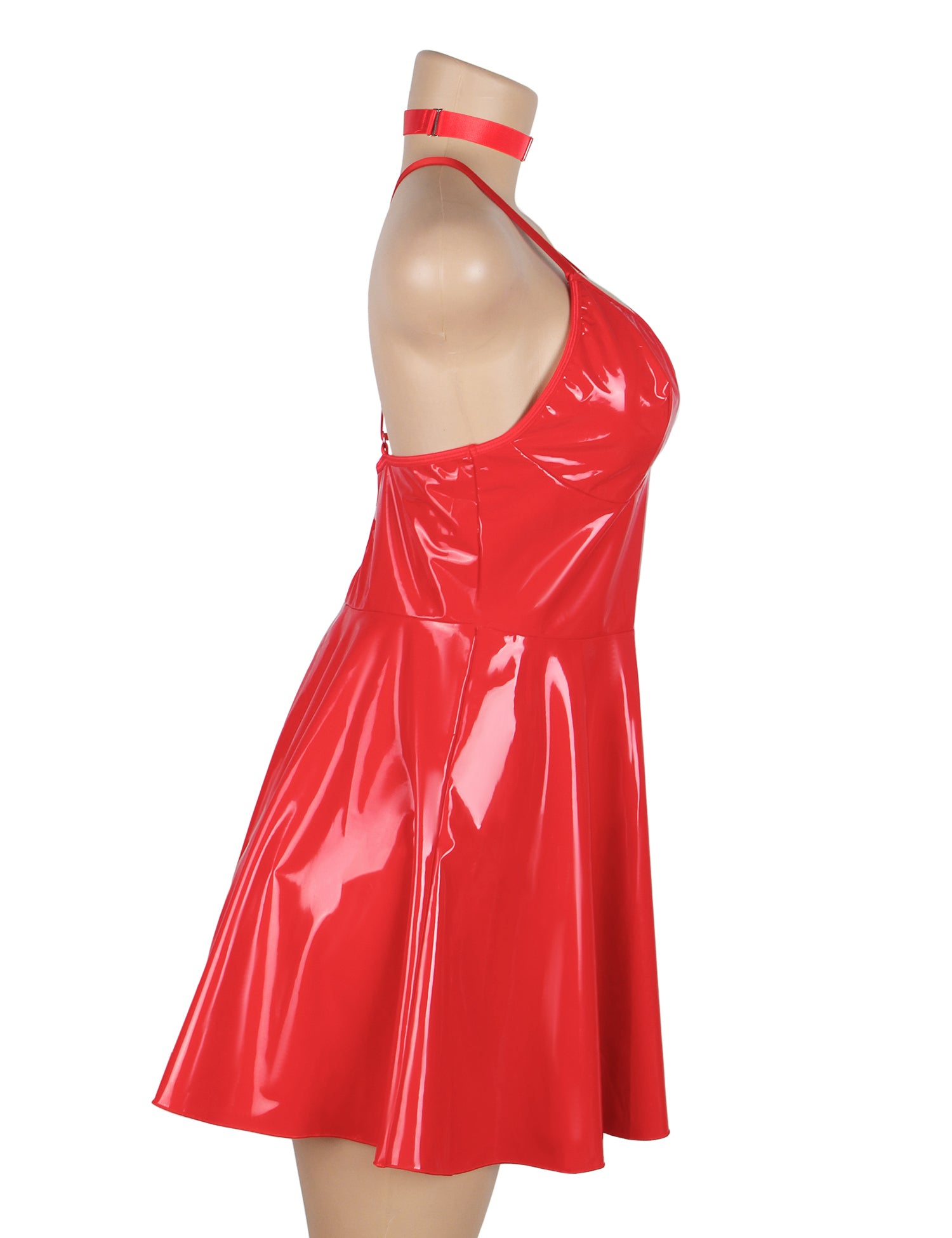 Red Sexy Deep V-Neck Wet Look Faux Leather Suspender Nightdress