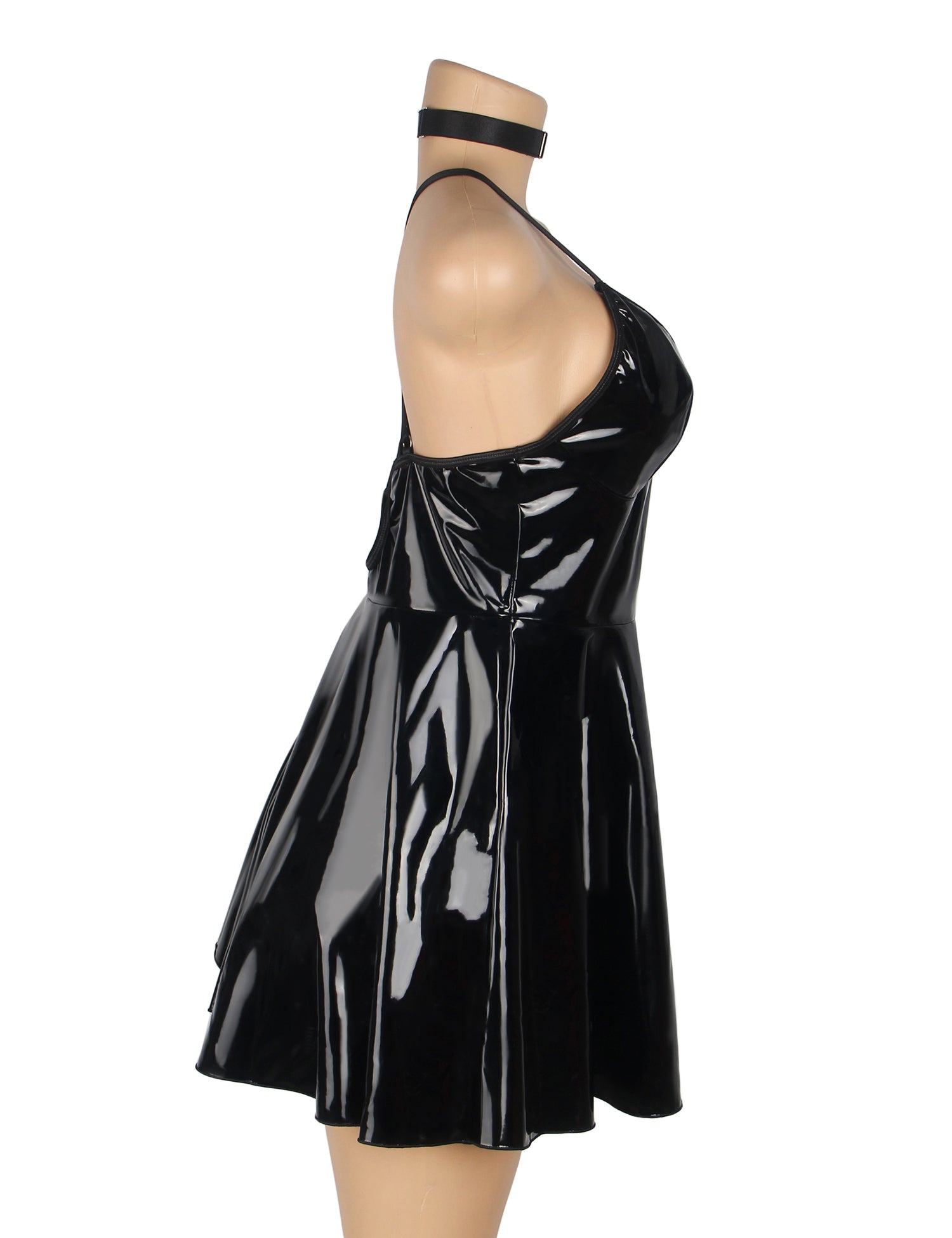 Black Sexy Deep V-Neck Wet Look Faux Leather Suspender Nightdress
