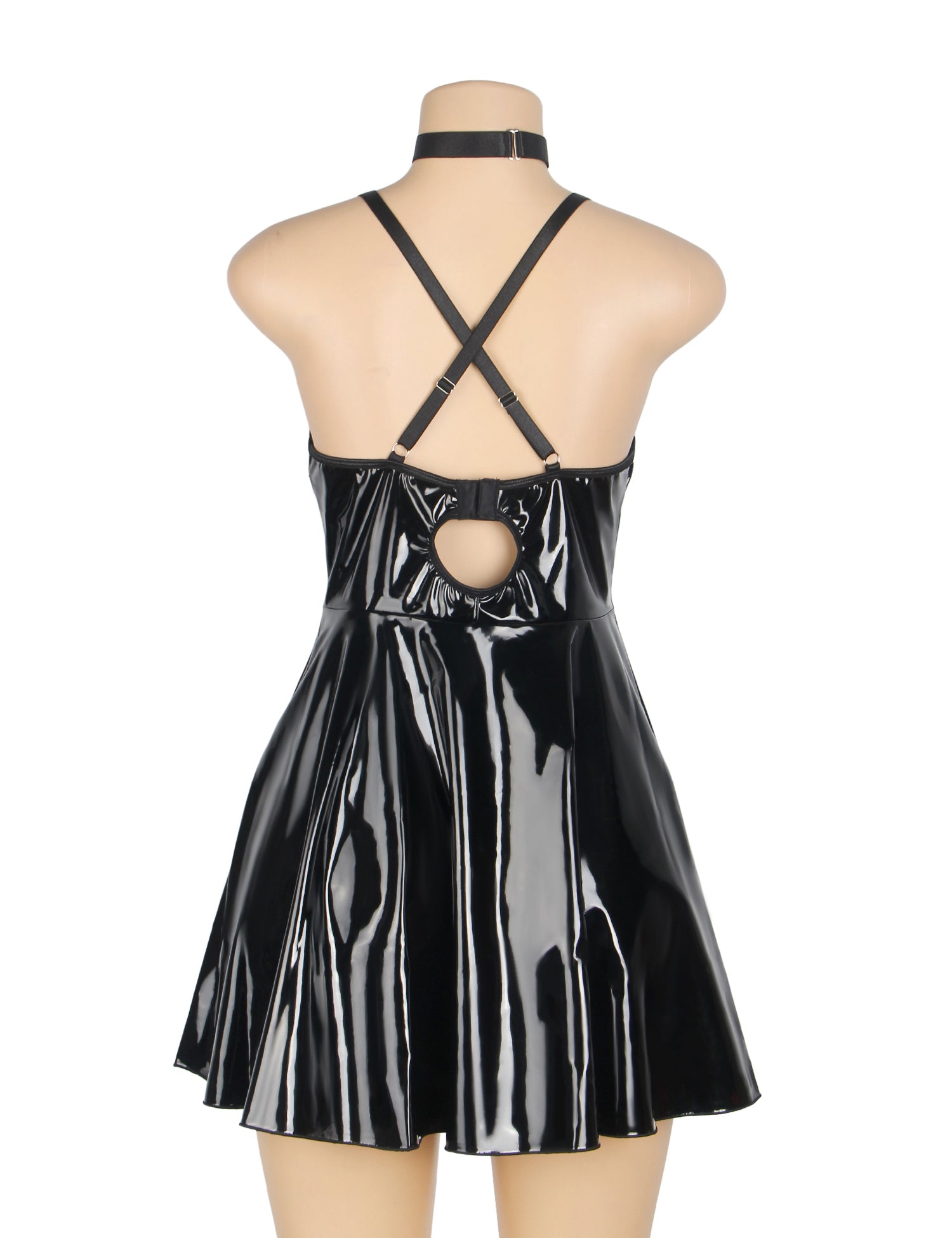 Black Sexy Deep V-Neck Wet Look Faux Leather Suspender Nightdress