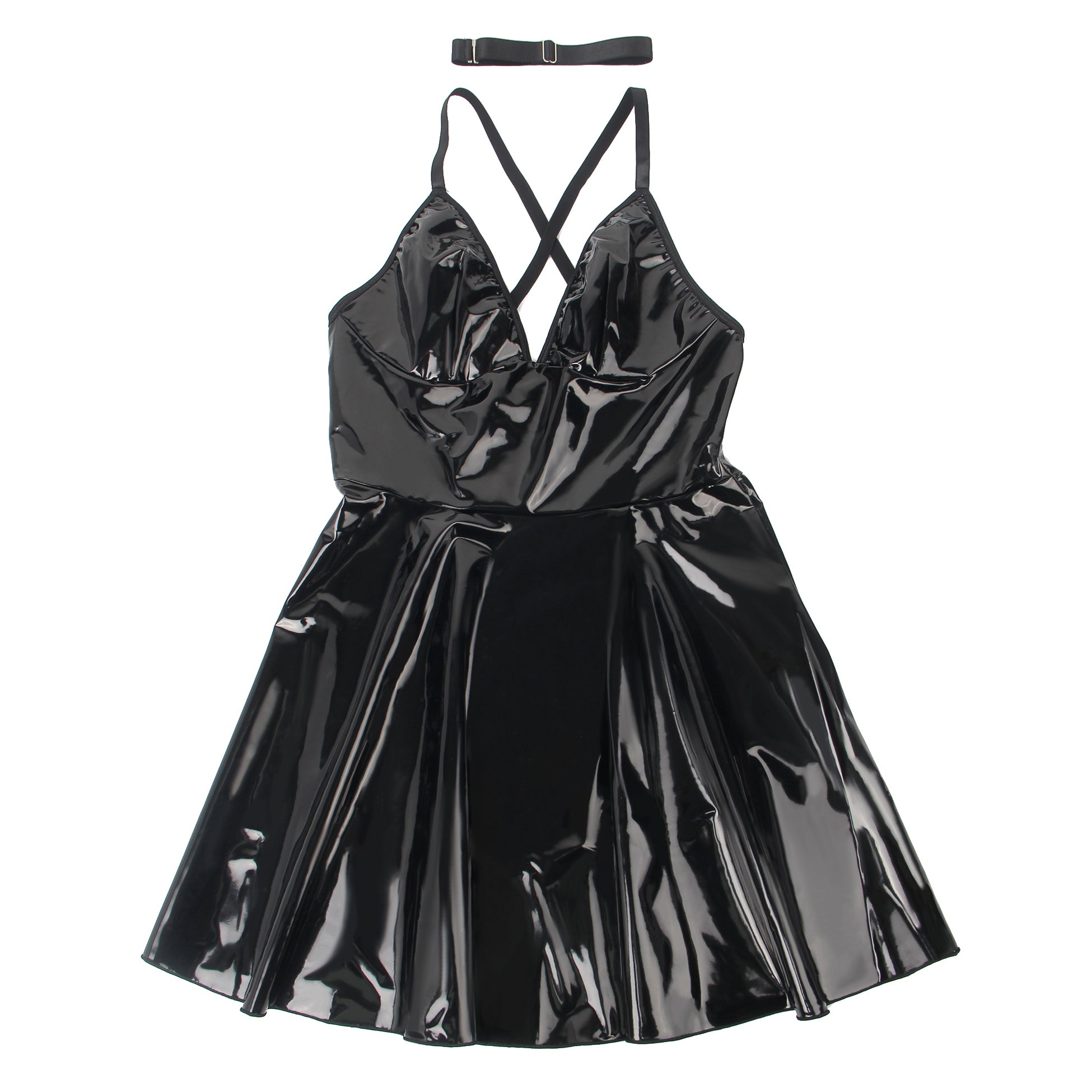 Black Sexy Deep V-Neck Wet Look Faux Leather Suspender Nightdress