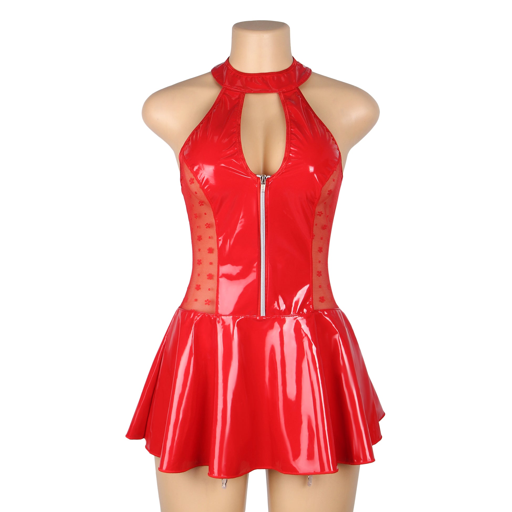 Red Wet-Look Halter Neck Patent Leather Lace Garter Lingerie