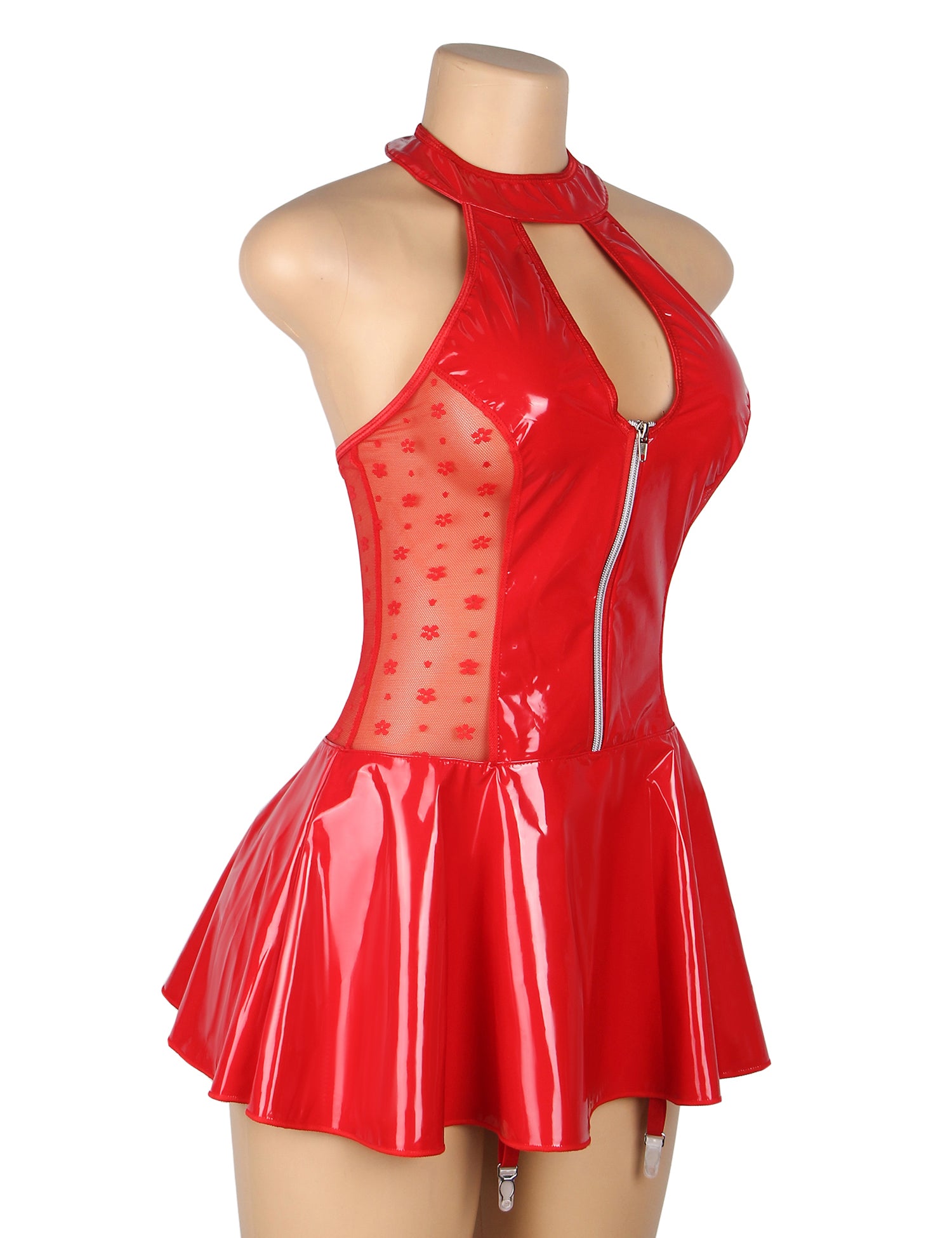 Red Wet-Look Halter Neck Patent Leather Lace Garter Lingerie