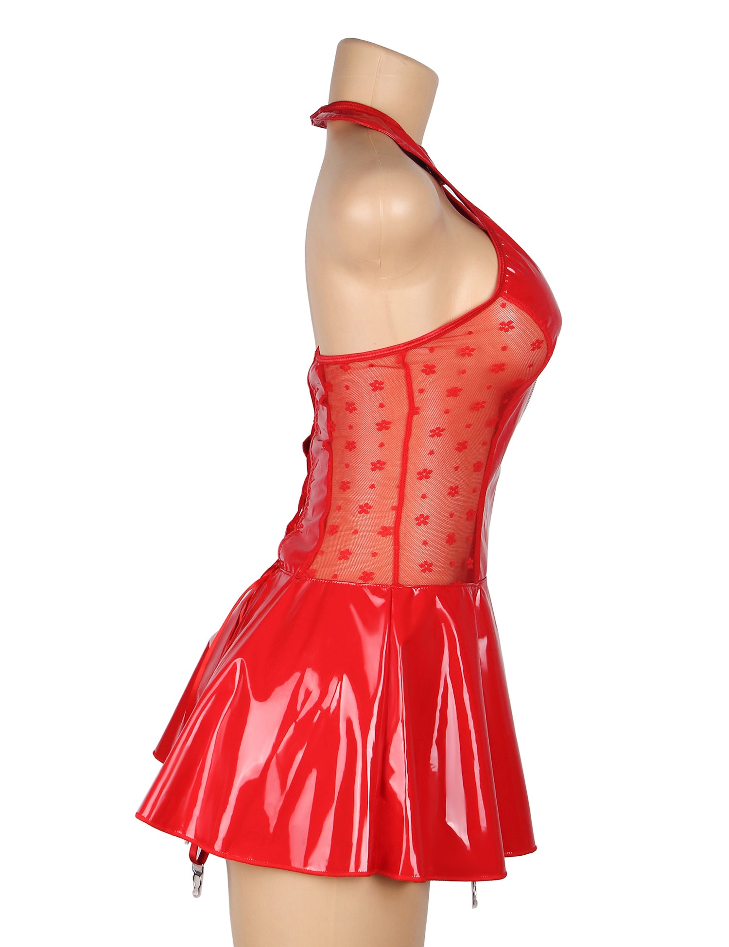 Red Wet-Look Halter Neck Patent Leather Lace Garter Lingerie