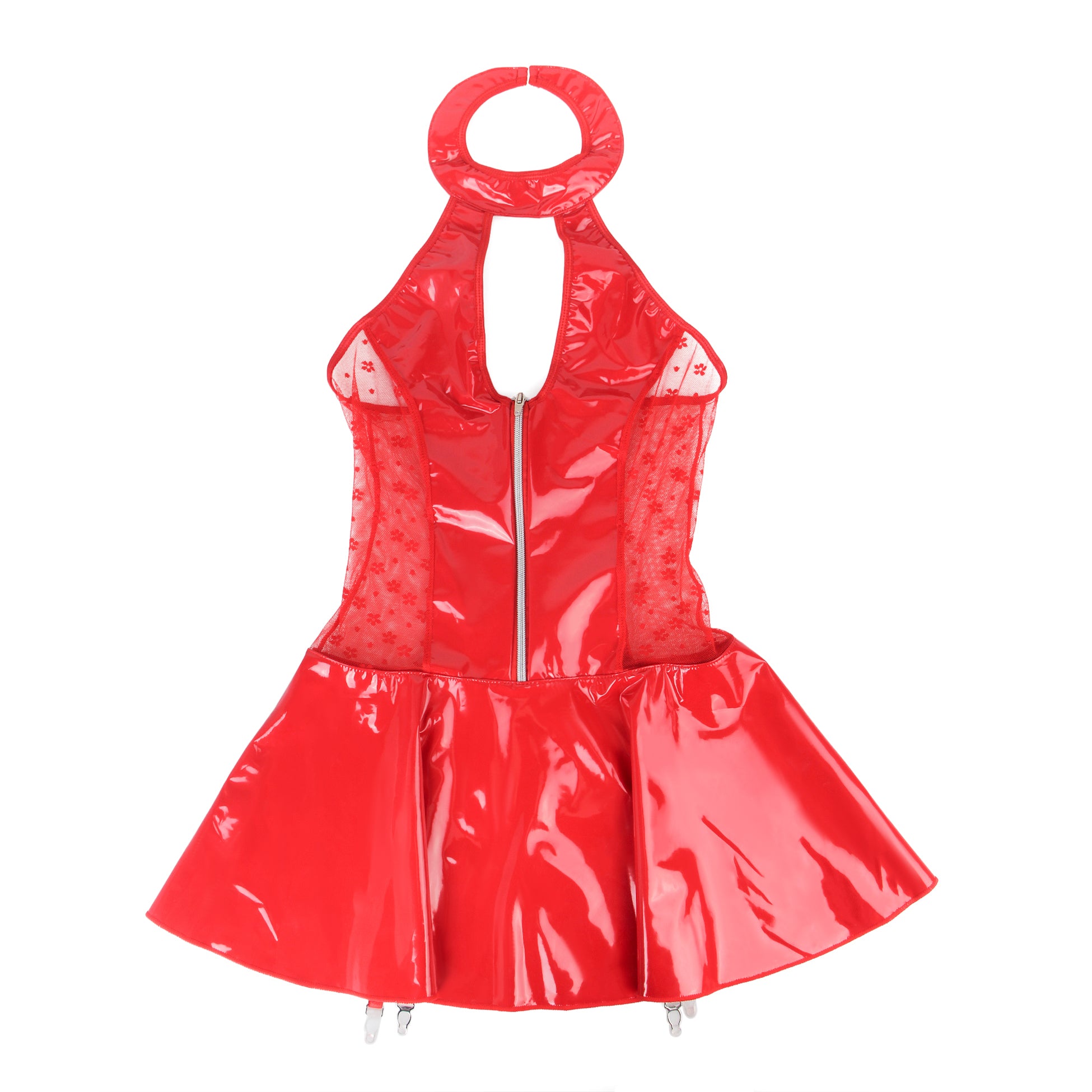 Red Wet-Look Halter Neck Patent Leather Lace Garter Lingerie