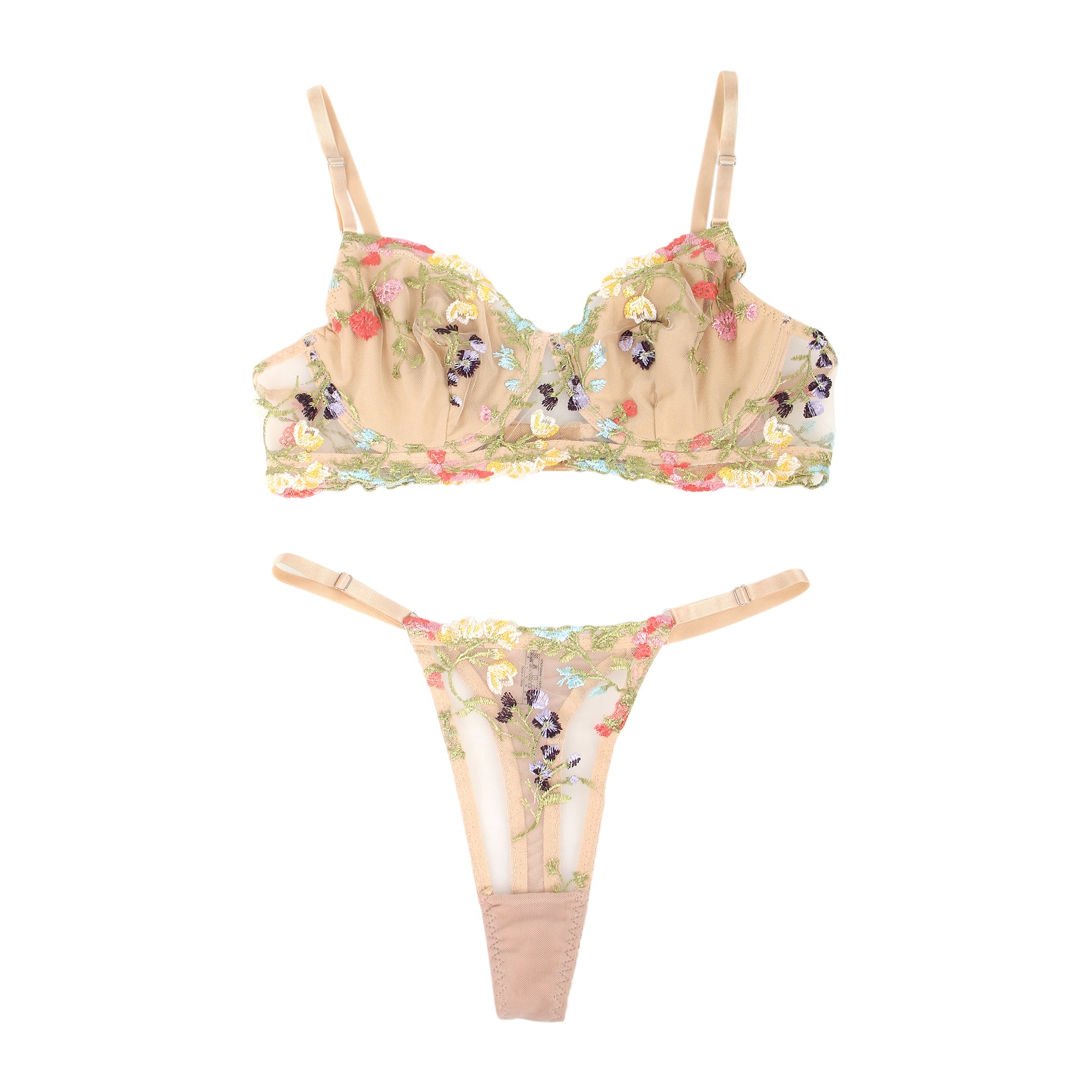Yellow Sexy Mesh Floral Embroidery Bra Set