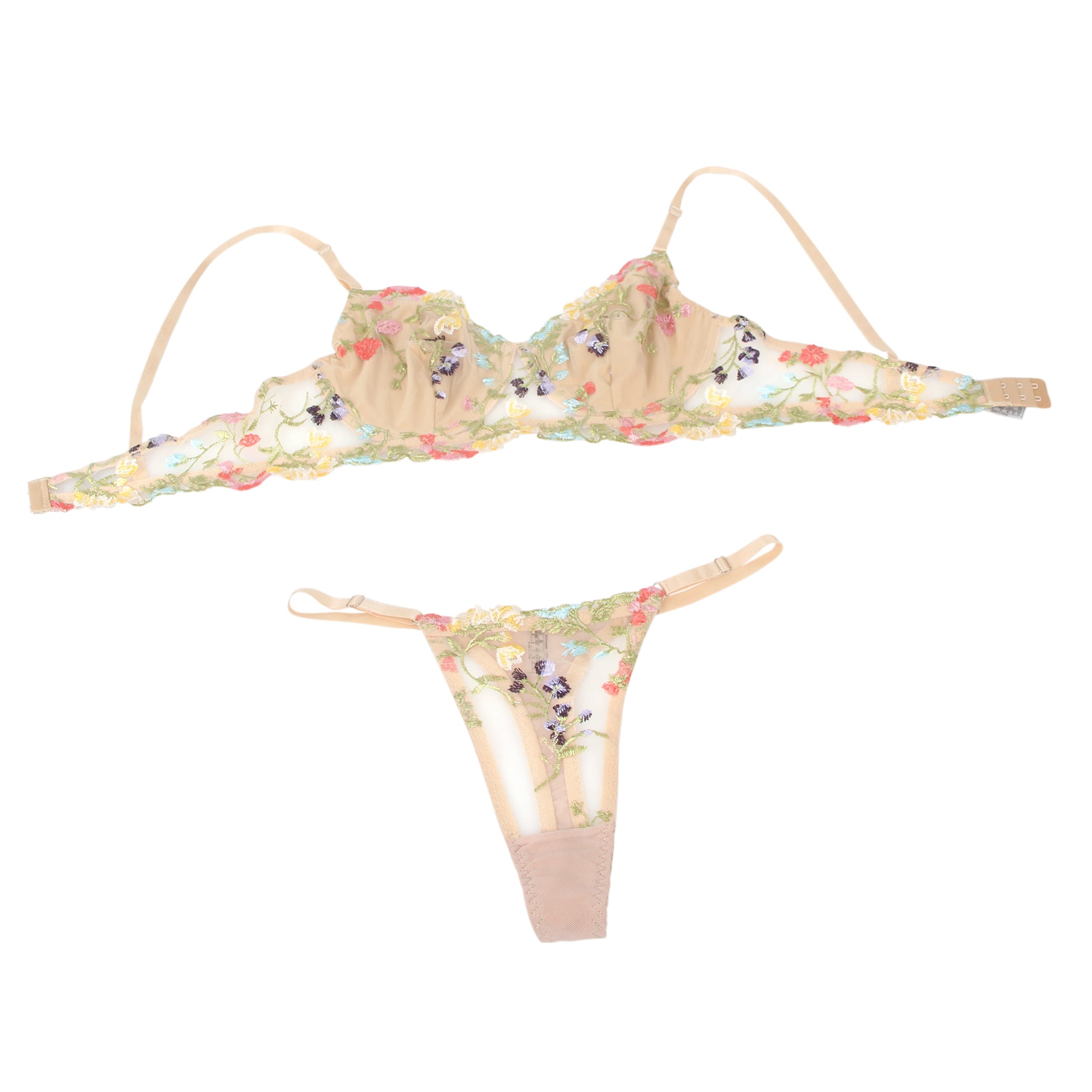 Yellow Sexy Mesh Floral Embroidery Bra Set