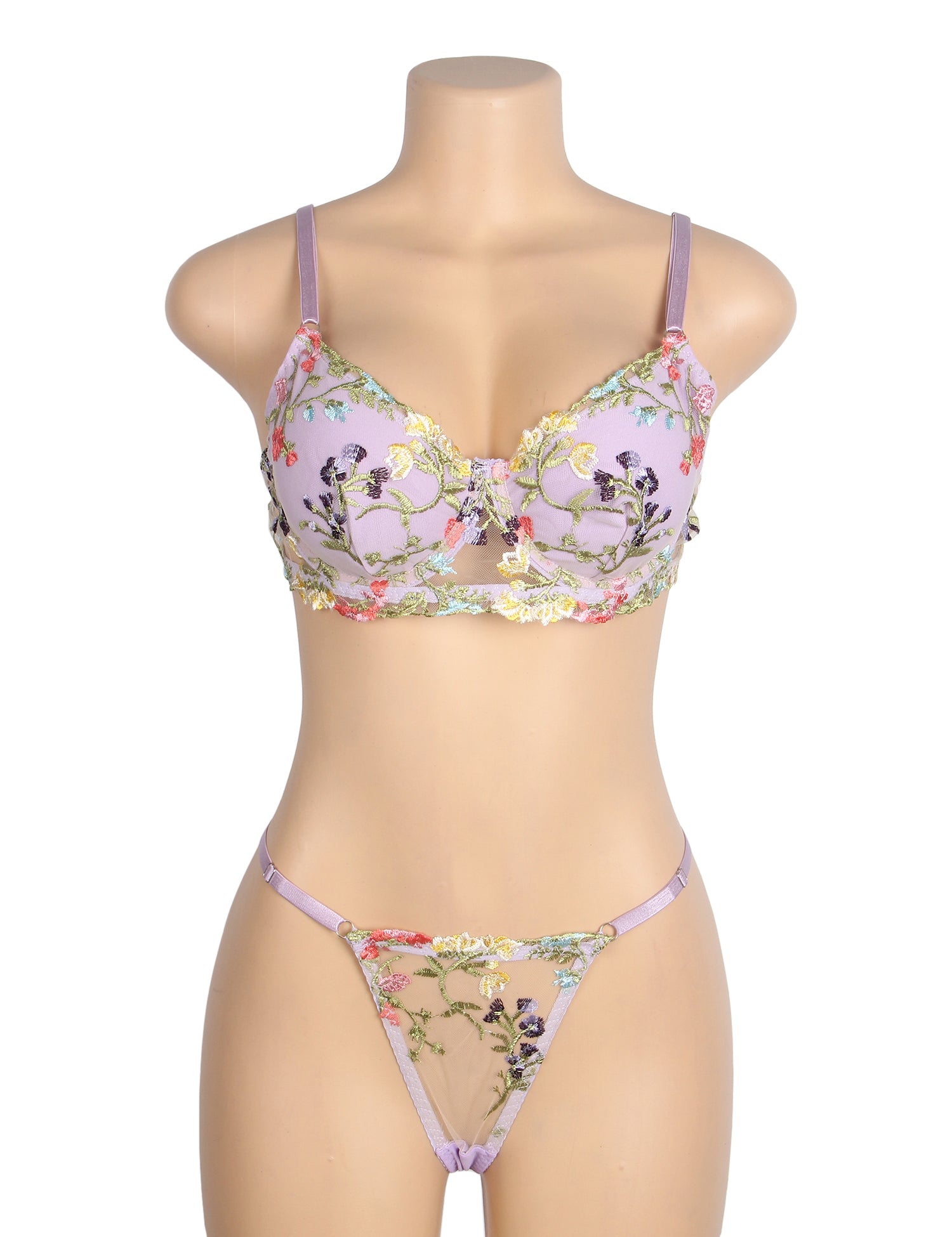 Purple Sexy Mesh Floral Embroidery Bra Set