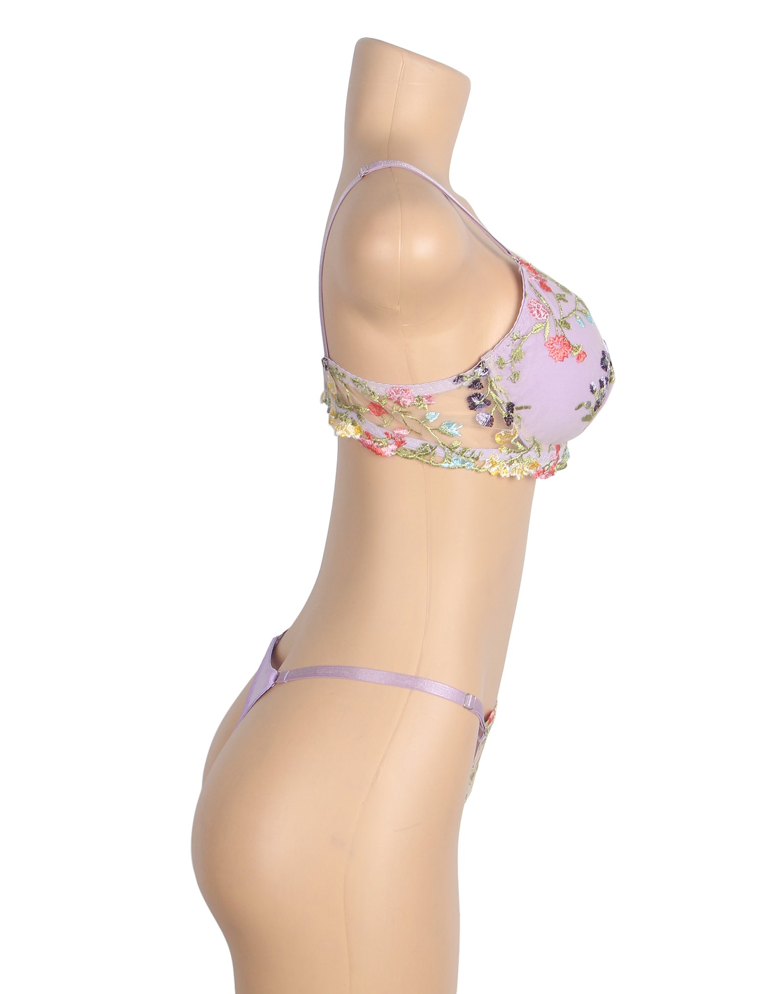 Purple Sexy Mesh Floral Embroidery Bra Set