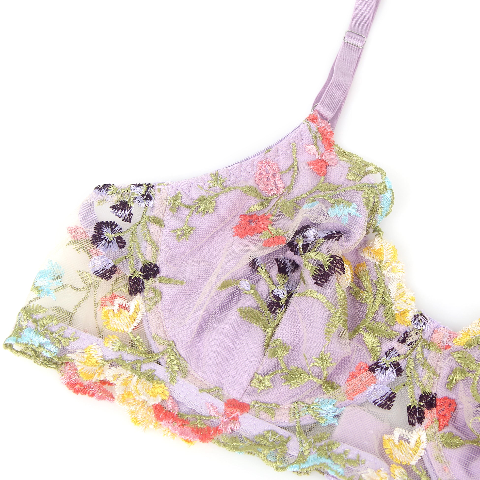 Purple Sexy Mesh Floral Embroidery Bra Set