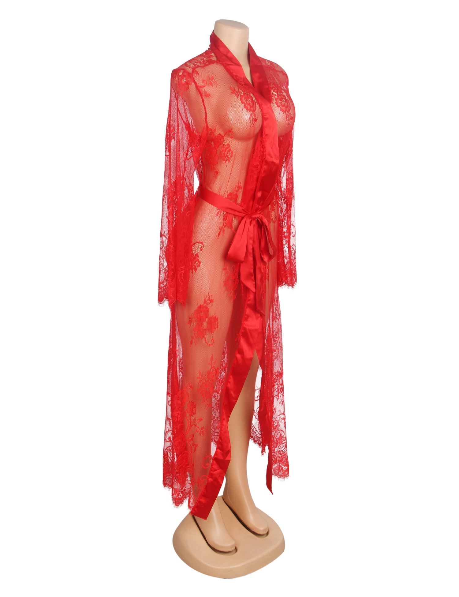 Red Sexy Lace Satin Mesh Long Nightgown With Belt