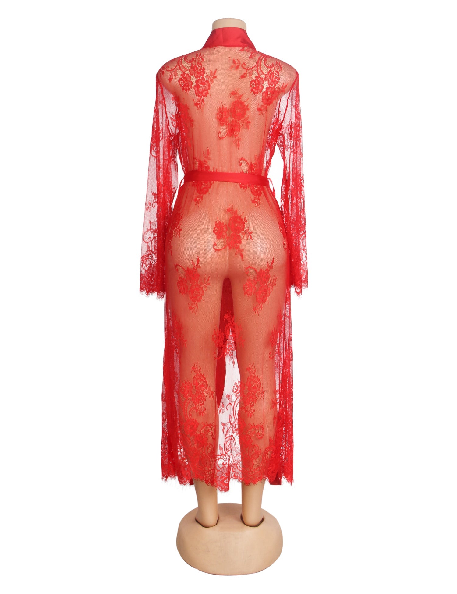 Red Sexy Lace Satin Mesh Long Nightgown With Belt